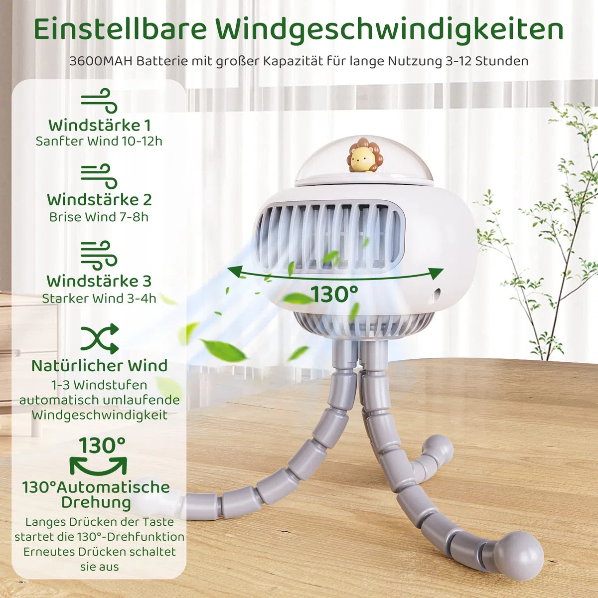 Bbtang Ventilatore Passeggino,USB Mini Ventilatore Portatile,3600mAh Ventilatore da tavolo con Treppiede flessibile 4 velocità per Passeggino, Tapis Roulant, Culle, Tenda,Campeggio