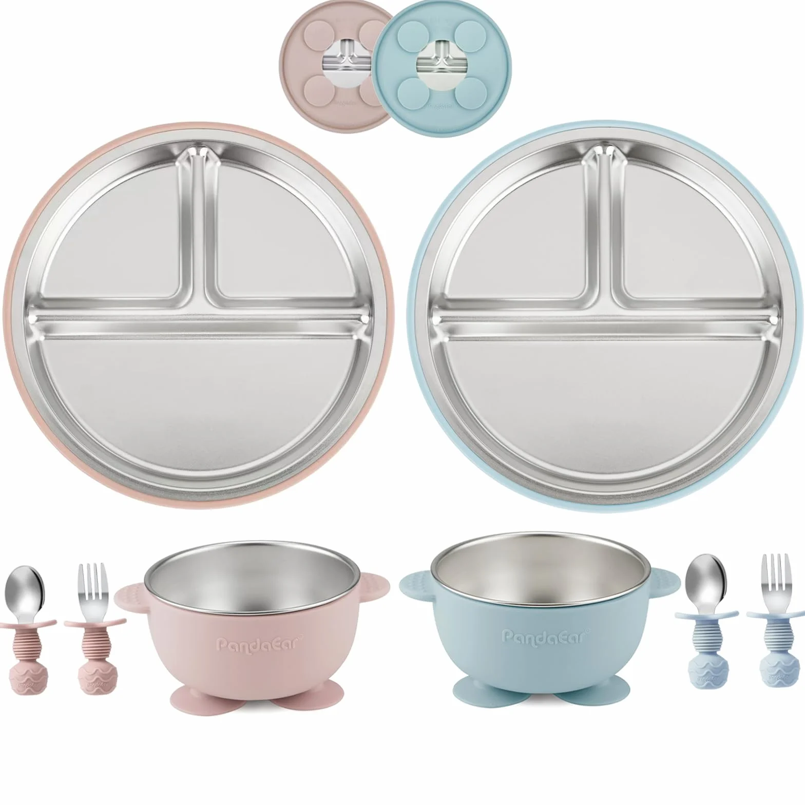PandaEar Set da 8 Pezzi per l’Alimentazione del Bambino | Piatti e Ciotole con Ventosa in Acciaio Inox con Cucchiaio e Forchetta in Silicone | Set Svezzamento per Bambini e Neonati (Rosa e Blu)