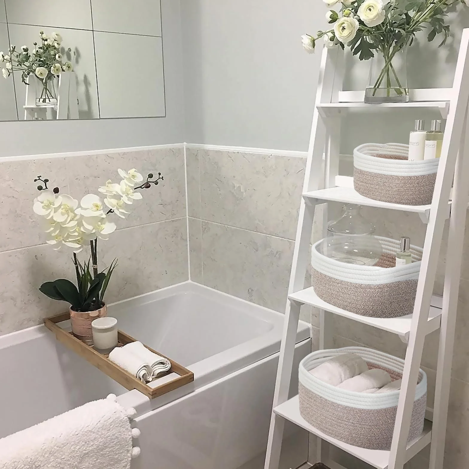 HDRNT Set di 4 cestini portaoggetti intrecciati in corda di cotone, cestino con manico, portaoggetti impilabili, cestini e contenitori per la cameretta dei bambini, organizer da bagno