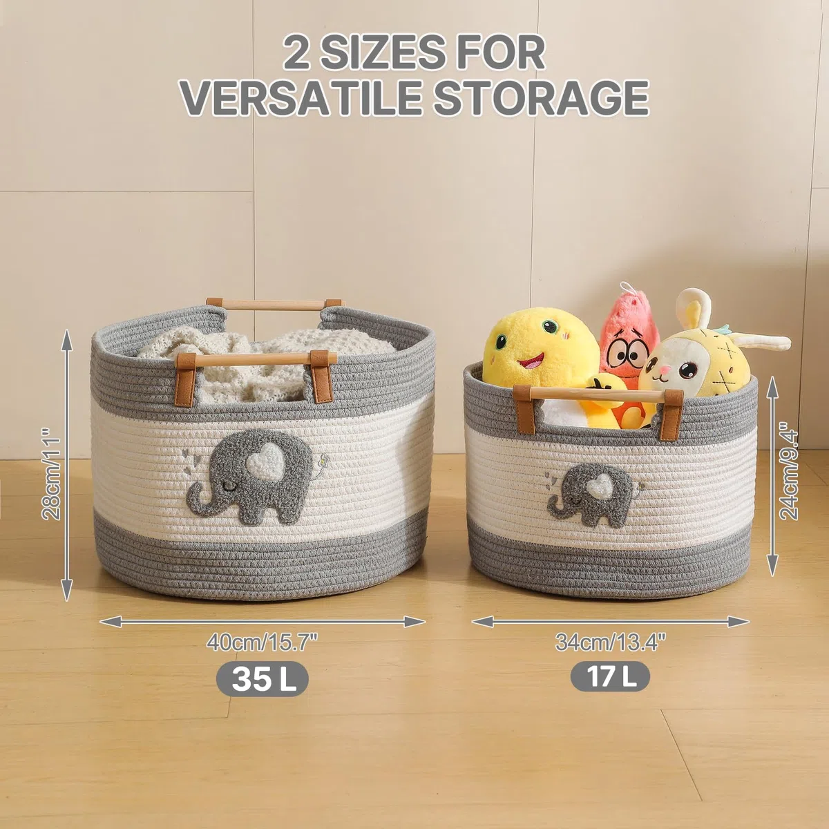 Grande Cesto Coperta 35L Cesto in Corda di Cotone con Manici in Legno Cesti Intrecciati per Giocattoli di Peluche dei Bambini, Contenitore per Pannolini, Contenitore Vestiti Neonati