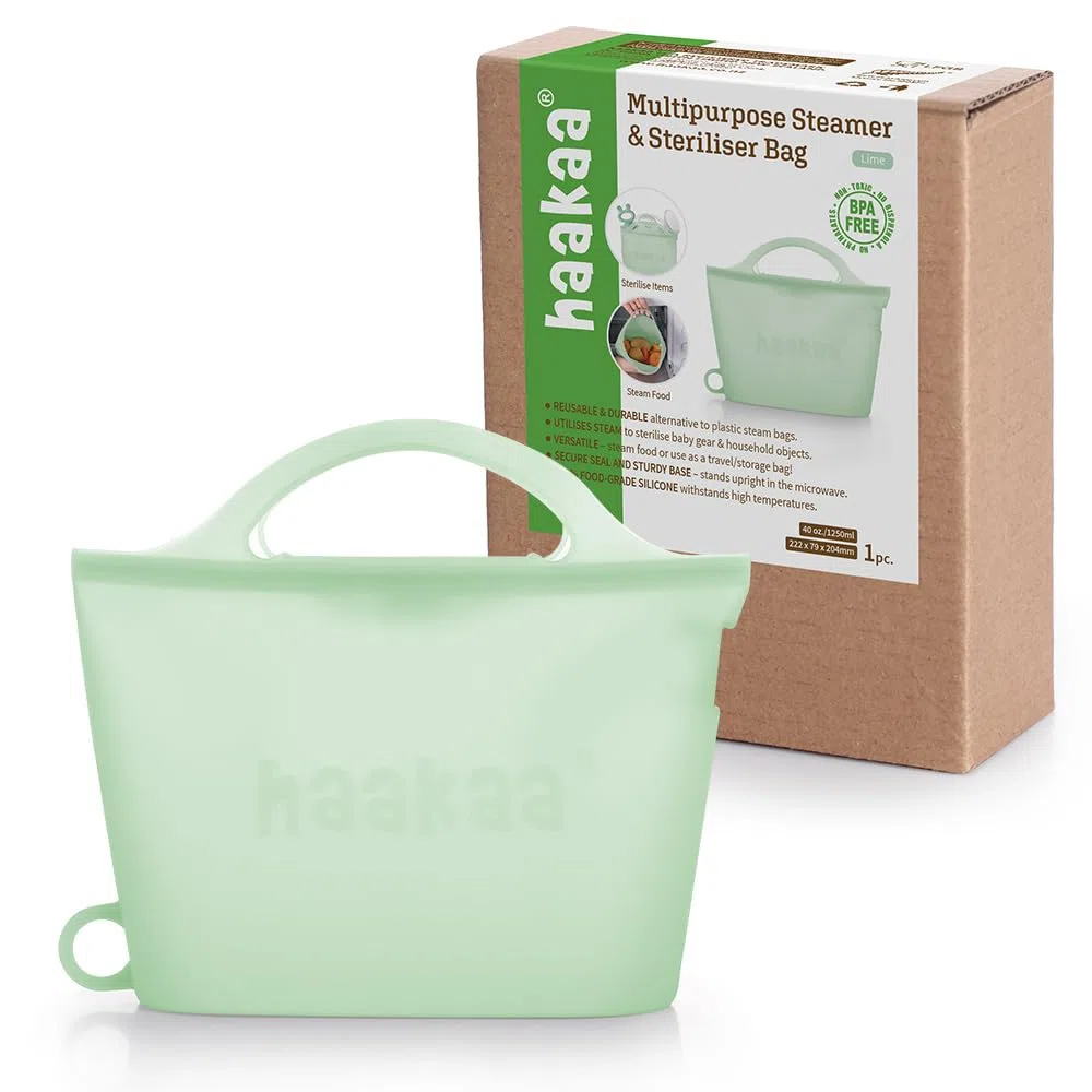 haakaa Sacchetto in Silicone per Cottura a Vapore e Sterilizzazione nel Microonde, Sacchetto Riutilizzabile di Grande Capacità per Biberon/Tiralatte/Accessori/ - Verde/1 Pezzo (1250ml)