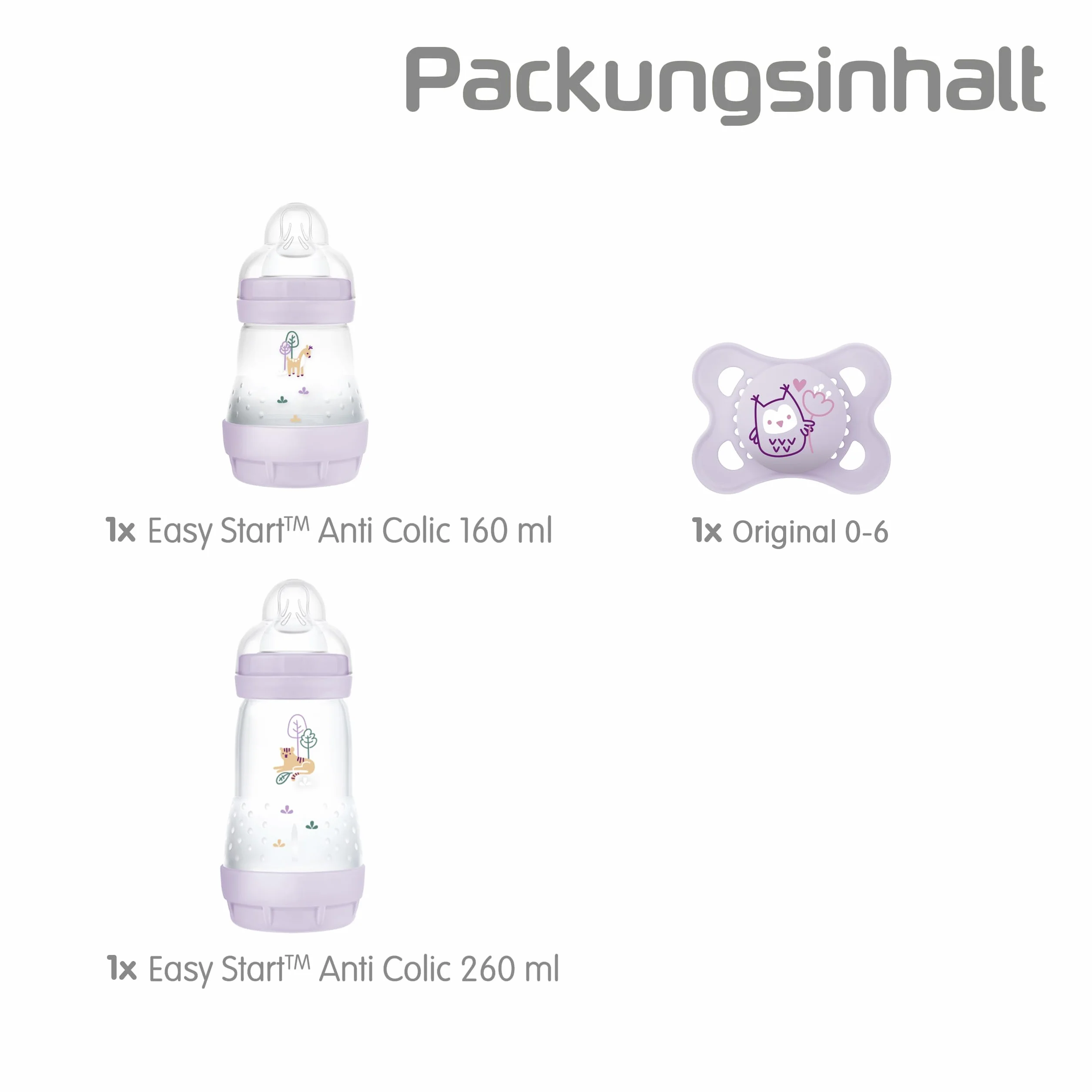 MAM Easy Start Anti-Colic Starter Set S, kit iniziale per bambini con 2 bottiglie anti-coliche (160 ml e 260 ml) con tettarella taglia 1 e ciuccio, set regalo per bambini, dalla nascita, lilla