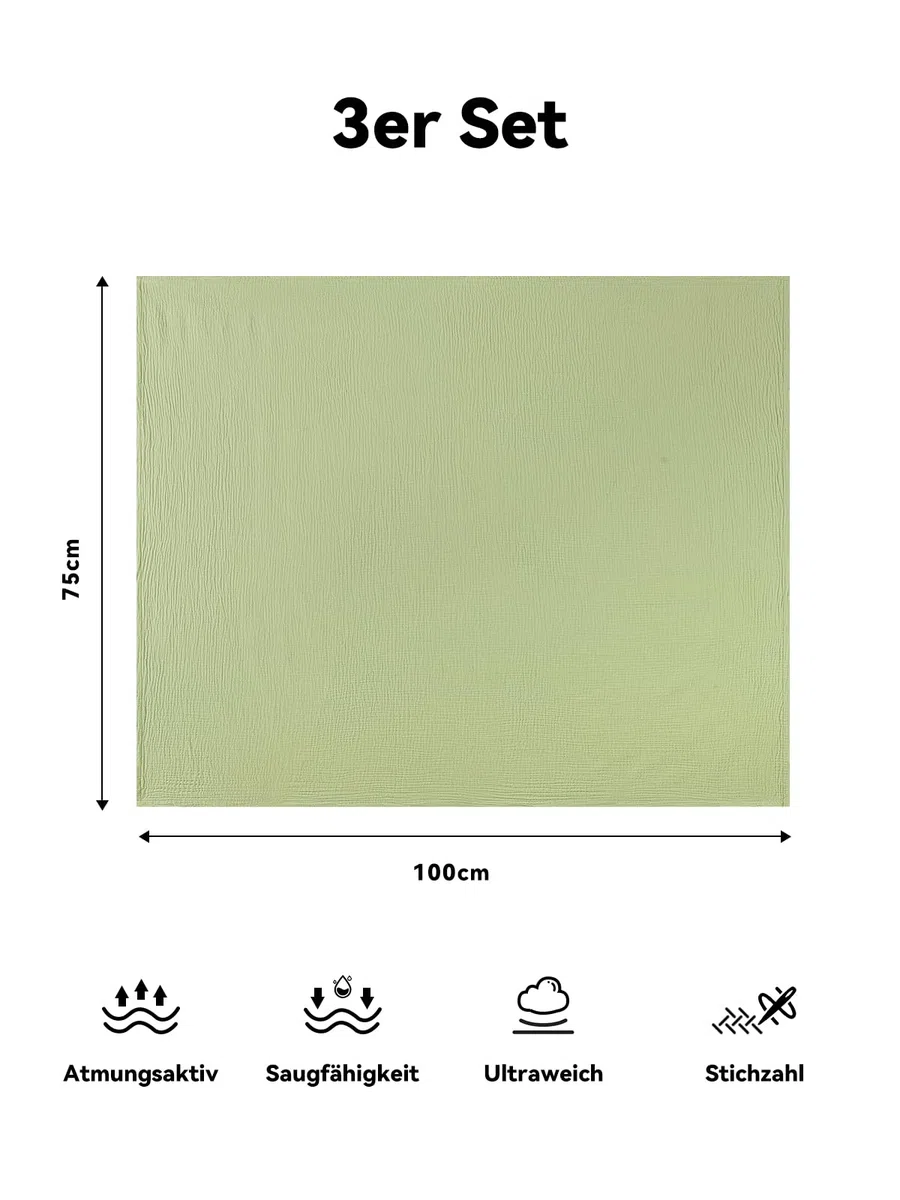 TILLYOU Set di 3 panni in mussola per bambini, 75 x 100 cm, coperta in mussola per bambini, 100% cotone, colore: grigio verde