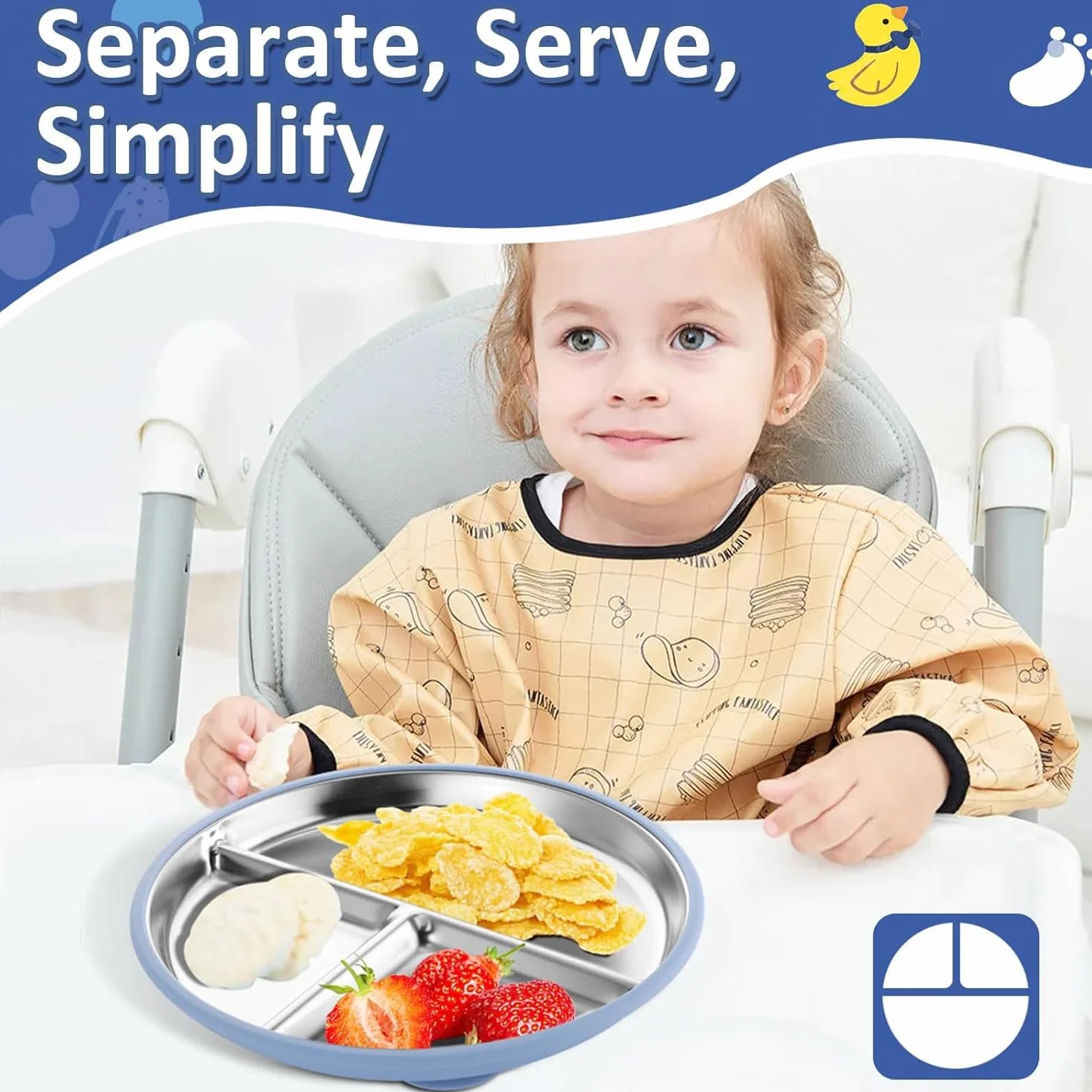 Set da 2 Piatti in Acciaio Inossidabile con Ventosa per Neonati e Set da 1 Cucchiai e Forchette, Bambini Pappa Svezzamento Piatto, Piatti Divisi per Alimentazione Autonoma, Senza BPA