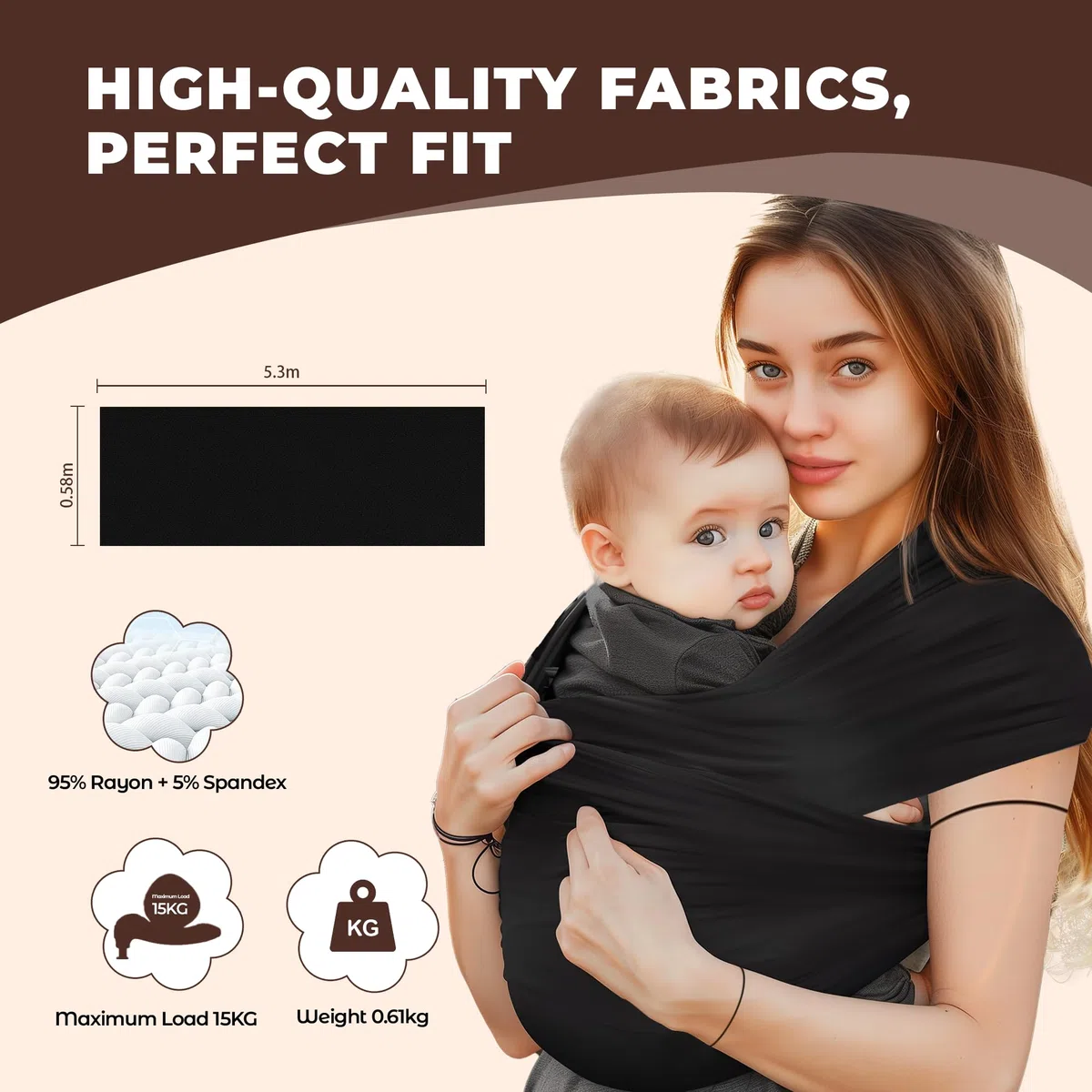 Fascia Porta Bebe, Fascia Neonato 0-36 Mesi Traspirante in Cotone, Marsupio Neonato con Portata Massima di 15 kg, Nero Marsupio Bambino 5,3 m × 0,58 m, Marsupio Ergonomico Neonato