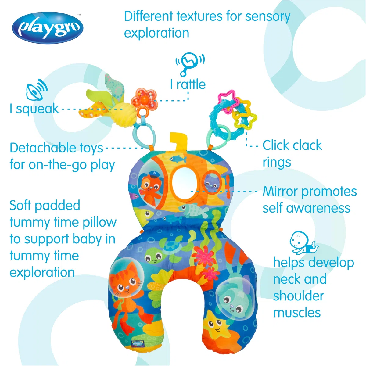 Playgro Cuscino Ocean Adventure | Divertimento per giocare a pancia in giù per neonati (0m+)