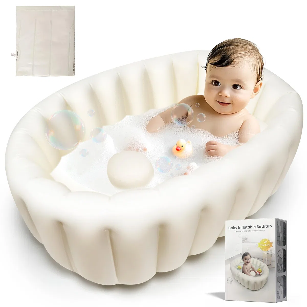 Vaschetta Bagnetto Neonato, Vasca da Bagno pieghevole, Vaschetta Bagnetto Gonfiabile da Viaggioper Bambini Neonati Senza Pompa ad Aria, Antiscivolo Gonfiabile Vasca da Bagno da 0 a 24 Mesi,Beige