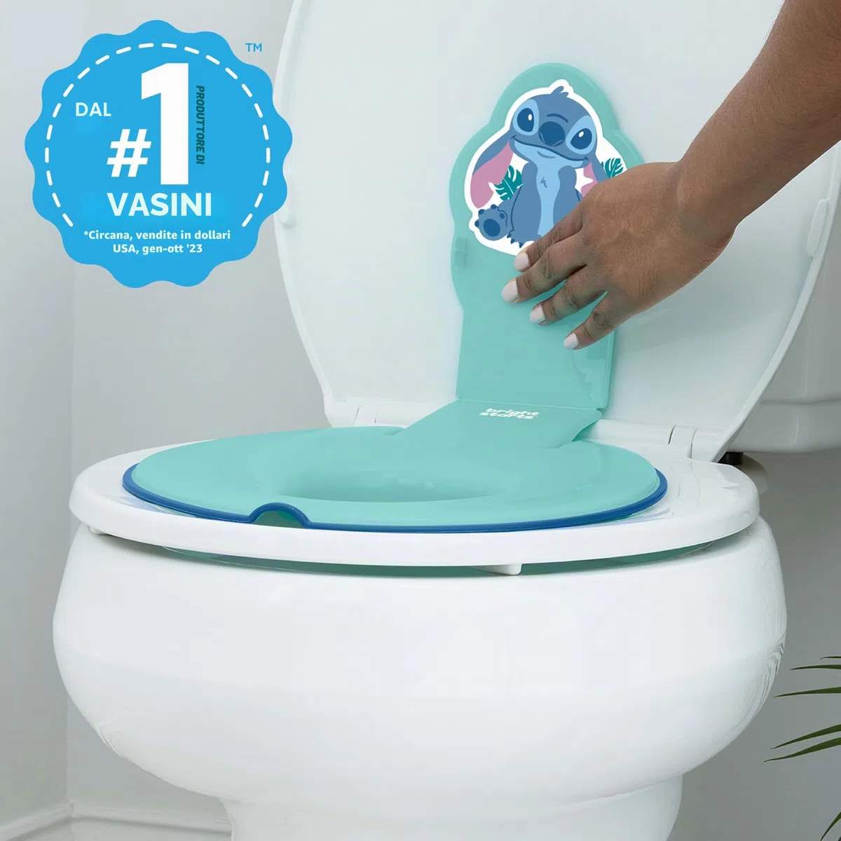 Bright Starts, Disney Baby Stitch Flip & Sit Riduttore WC Bambini, Sedile WC Sicuro con Maniglie Antiscivolo, Facile da Montare, Da 18 Mesi, Blu