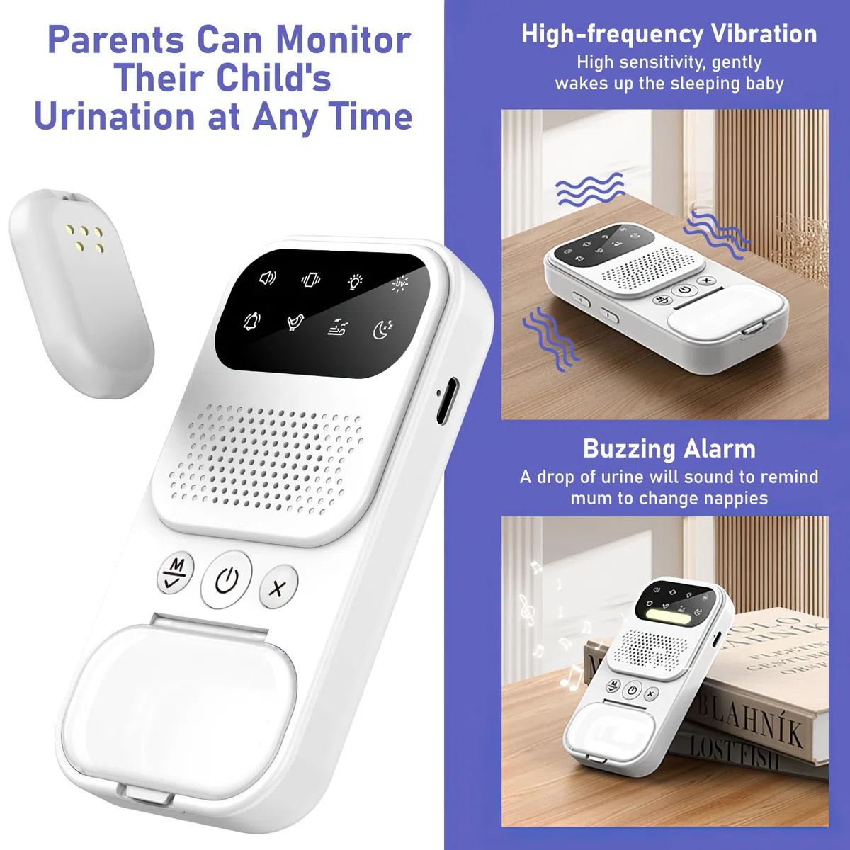 Allarme Pipì per Bambini Senza Fili, Allarme Portatile per Pipì con Luce Notturna/Rumore Bianco Senza Fili, Allarme Pipì per Bambini Ricaricabile via USB, 3 Modalità di Funzionamento