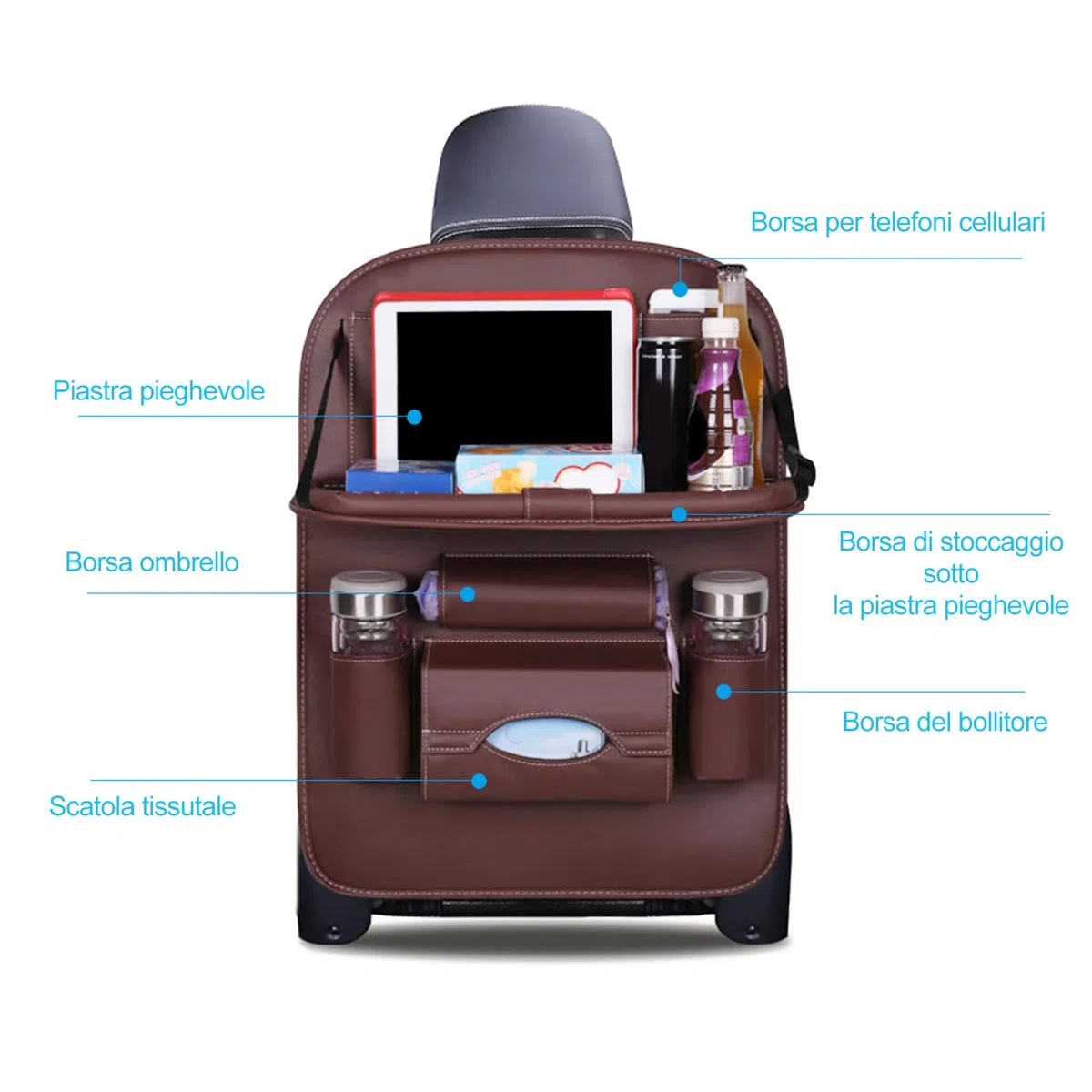 Ergocar Organizer per sedile posteriore auto, tappetino in pelle PU di lusso, supporto pieghevole per tablet, multifunzione, protezione per lunghi viaggi