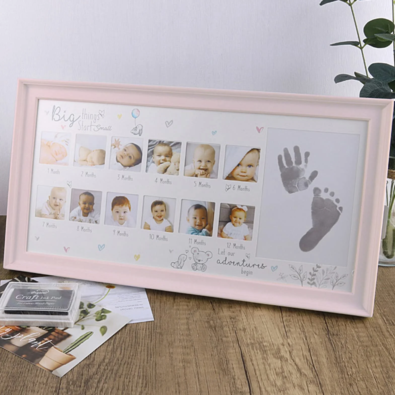 LEcylankEr Impronta Mani e Impronte Portafoto,Record di Crescita per l'anniversario,Regalo per Battesimo,Cornice per Foto con Tampone di Inchiostro (Rosa)