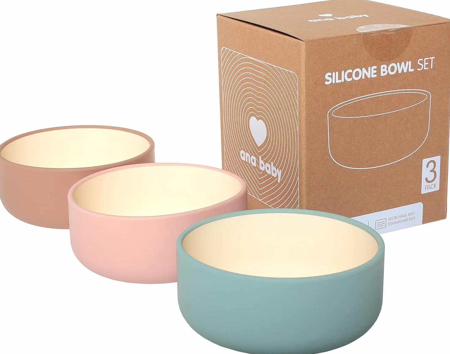 ana baby Confezione da 3 ciotole in silicone in colori pastello, in silicone alimentare e senza BPA, perfette per lo svezzamento, lavabili in lavastoviglie e adatte al microonde