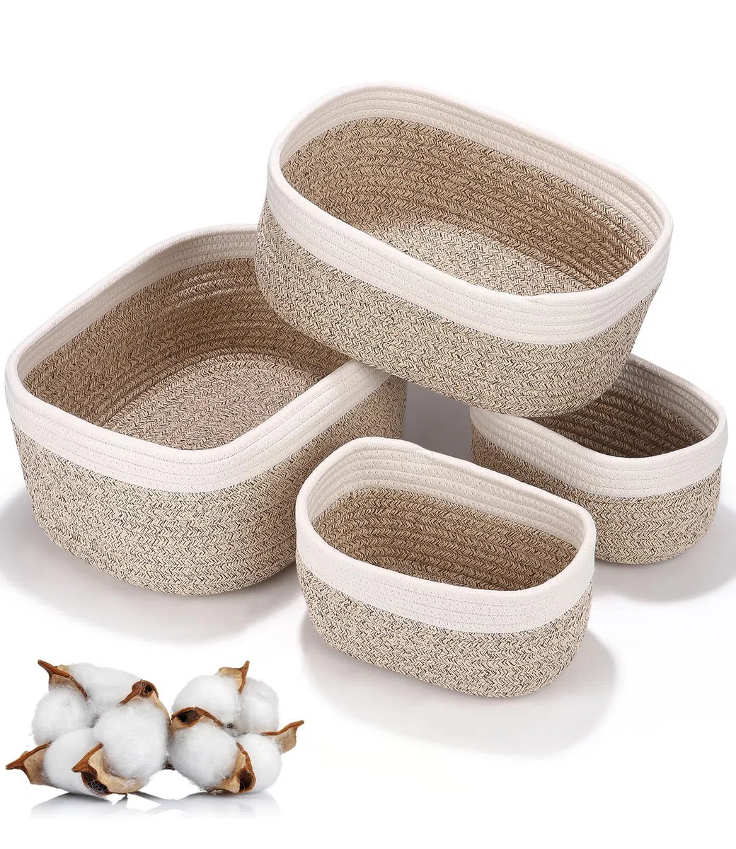 Set di 4 Birshe Cestini Portaoggetti per Bambini, Multiuso in Cotone e Corda di Cotone, Impilabili
