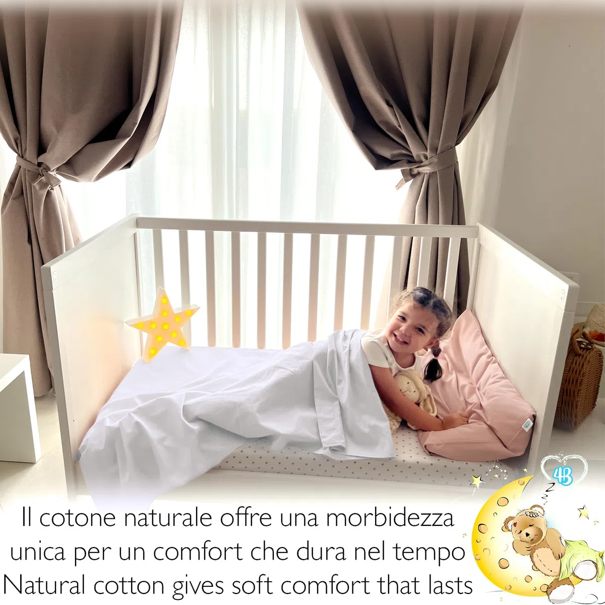4BABIES - Lenzuolo sopra per culla - Lenzuolino lettino con sbarre - Biancheria da letto per bambini in 100% Cotone Made in Italy certificato OEKO-TEX - Bianco
