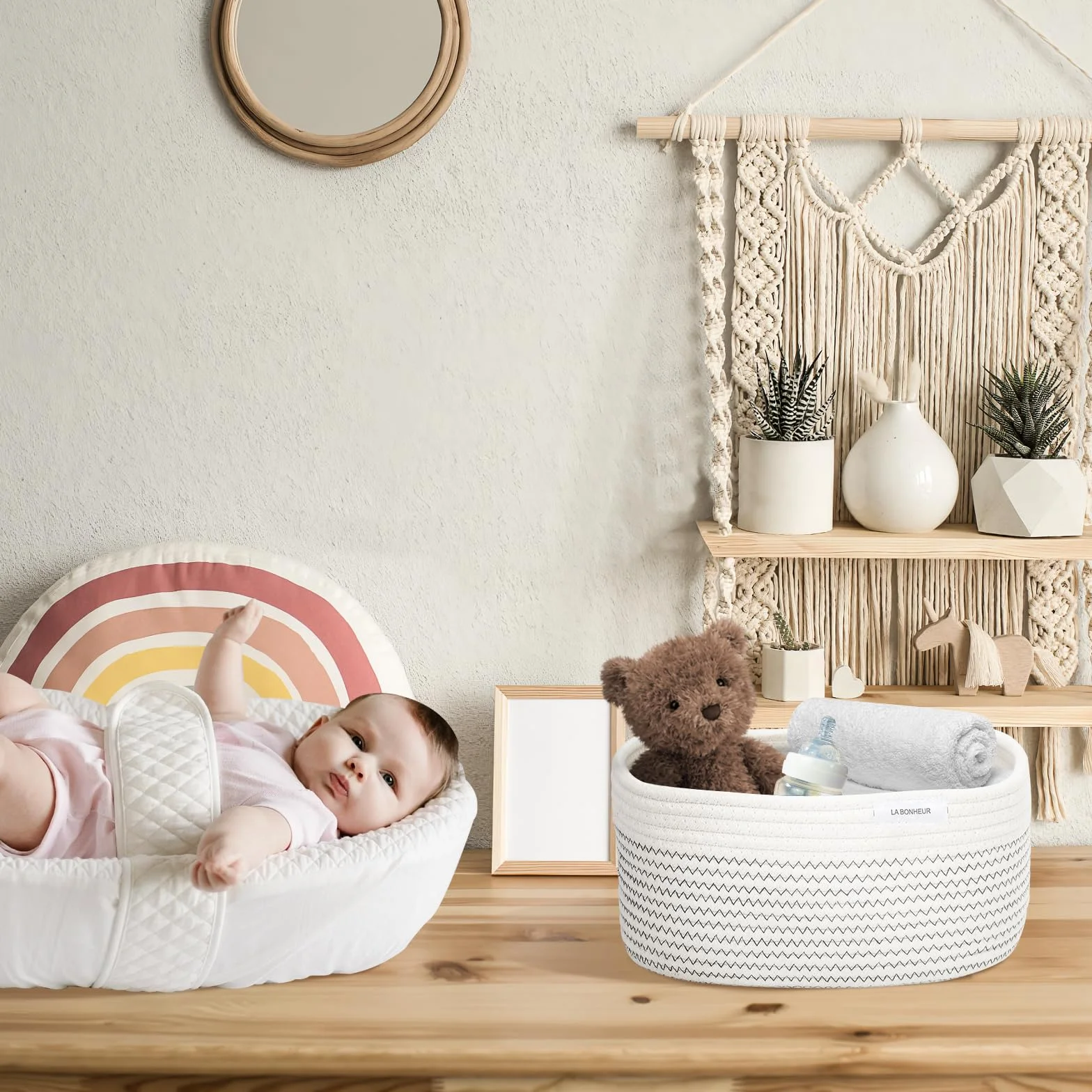LA BONHEUR Cesto portaoggetti in corda di cotone intrecciato, 4 pezzi, per il bagno, fasciatoio, organizer per neonati,