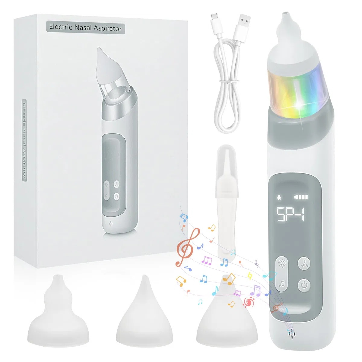 Aspiratore nasale neonato - Aspiratore nasale per neonati e bambini con 5 livelli di aspirazione regolabili e 3 punte in silicone, funzione musicale e luci a LED