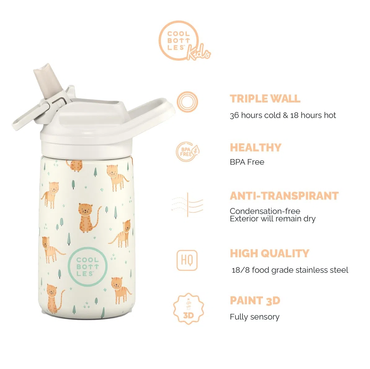 Cool Bottles - Bottiglia d'acqua in acciaio inox per bambini, bottiglia termica per bambini - Bevande fredde per 36 ore e calde per 18 ore- Whisker Kittens 350ml