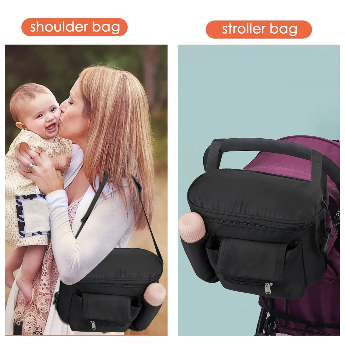Borsa per Passeggino Universale, Organizer Passeggino con Spallacci Regolabili, Borsa Carrozzina Impermeabile, Borsa da Appendere Passeggino, Passeggino Accessori Forniture, Nero