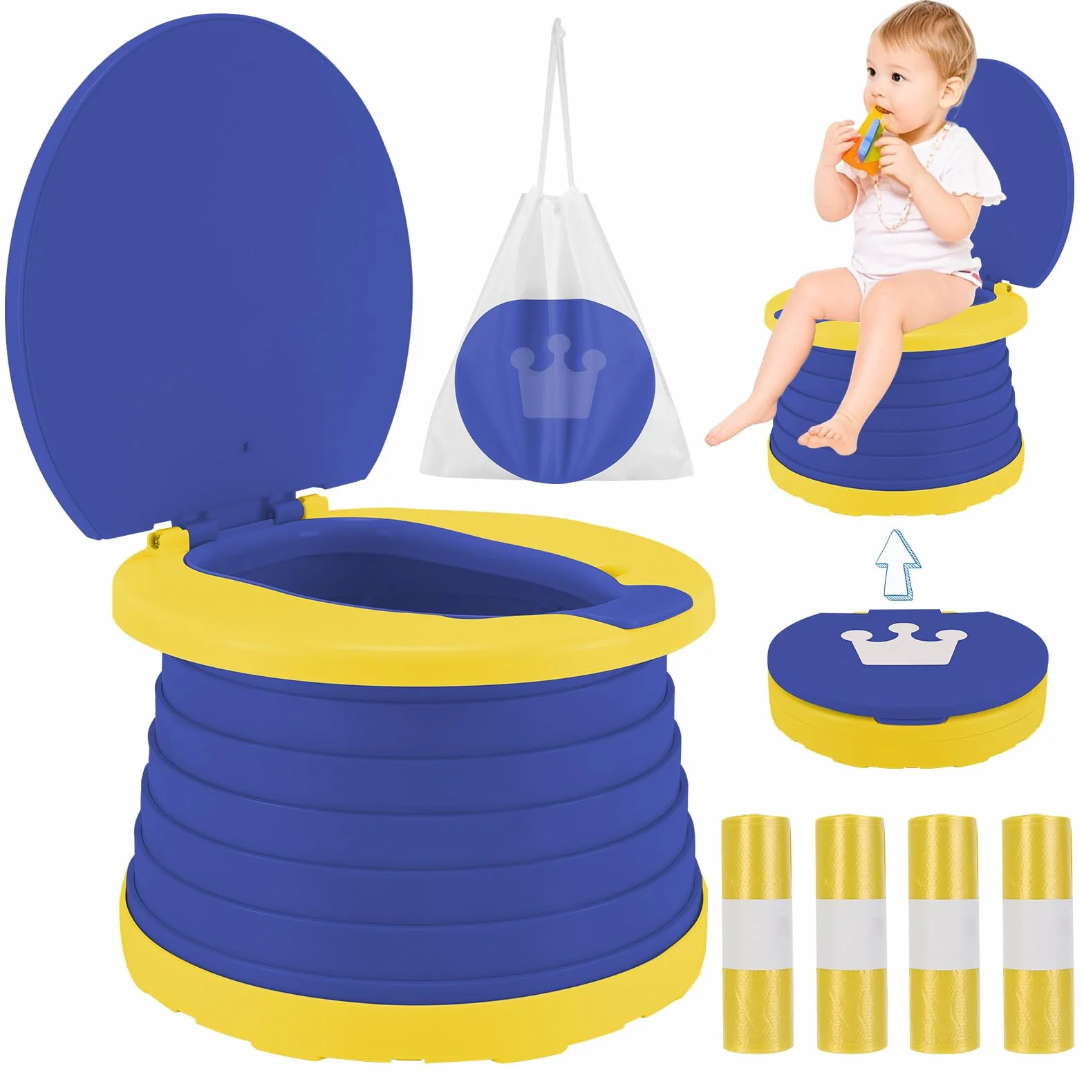 WC Portatile Bambini Vasino da Viaggio Water Gabinetto Vasetto Pieghevole Bagno Bimbo Bambino Sedile Neonati Potty Training Allenamento con 60 Borse Usa e Getta Per Campeggio Interni ed Esterni(Blu)