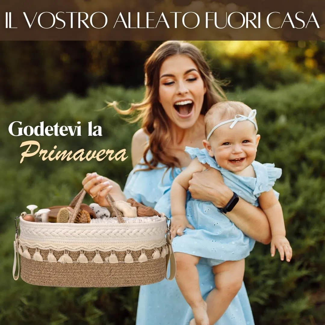 SEBRAM Organizer Fasciatoio per Neonati – Organizer Pannolini Beige Boho, Cesta Fasciatoio Neonato con Tracolla Regolabile & Tasche Termiche/Include maniglie bianche (vedi video)