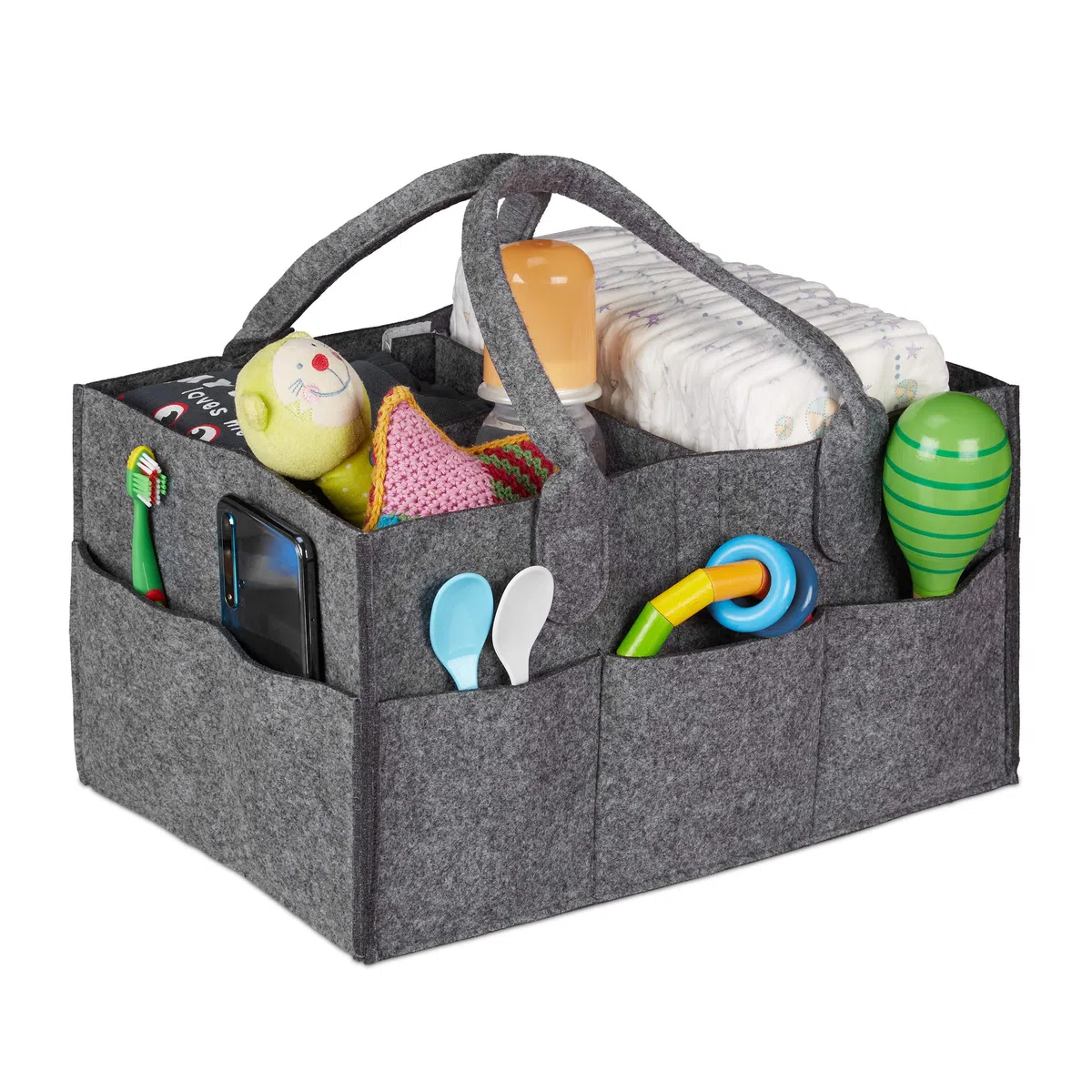 Relaxdays Contenitore Portapannolini, Borsa con 11 Scomparti, Divisori Estraibili, Organizer Portatile, Grigio Scuro