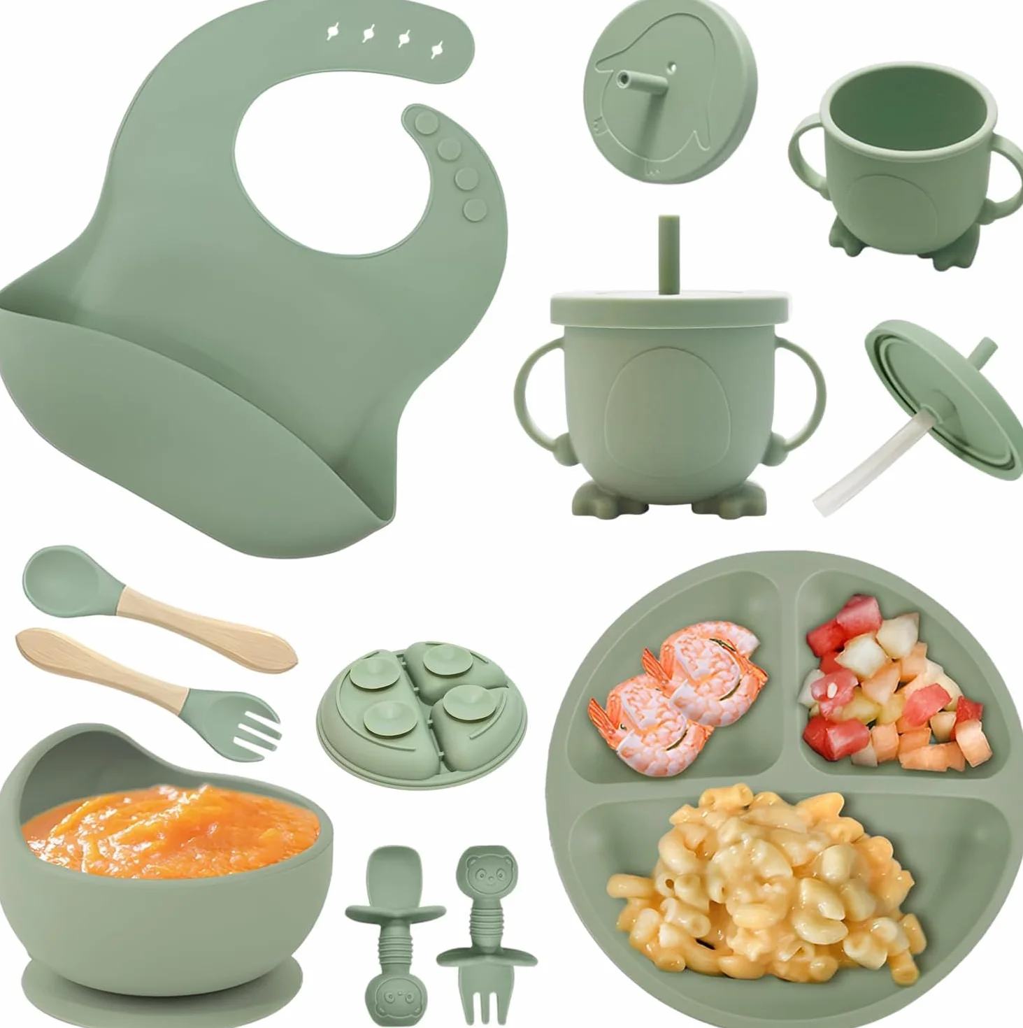 Set Pappa Svezzamento, 8 Pezzi, Piatto Svezzamento Ventosa Ciotola, Bavaglino Silicone, Cucchiaino Forchetta Neonato, Piatti per Bambini, Posate Bambini, Svezzamento Neonati, Verde