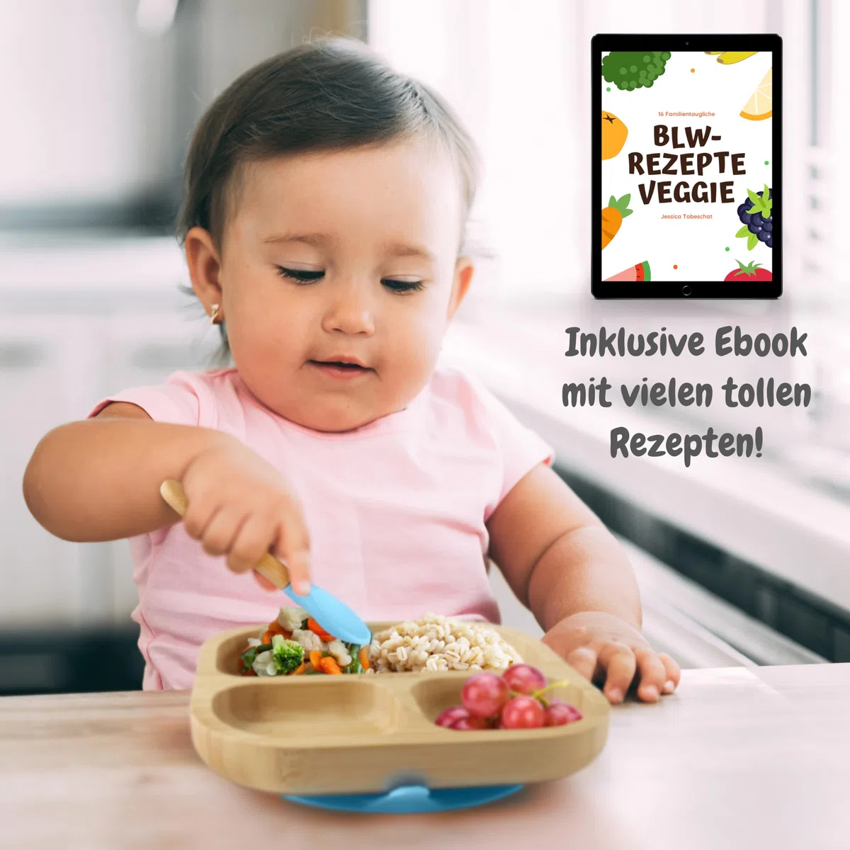 SkyblueI - Piatto per bambini con ventosa, con ricette Ebook I piatto antiscivolo in bambù con cucchiaio, set di stoviglie per bambini per imparare a mangiare, senza plastica nociva