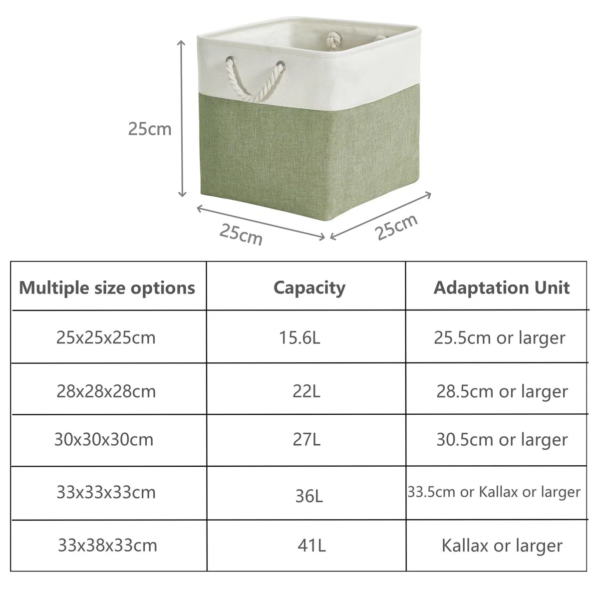 Scatole portaoggetti cubiche in tessuto, 25 x 25 x 25 cm, ceste portaoggetti in tela, per asilo, armadio, giocattoli (verde/bianco, set da 3)