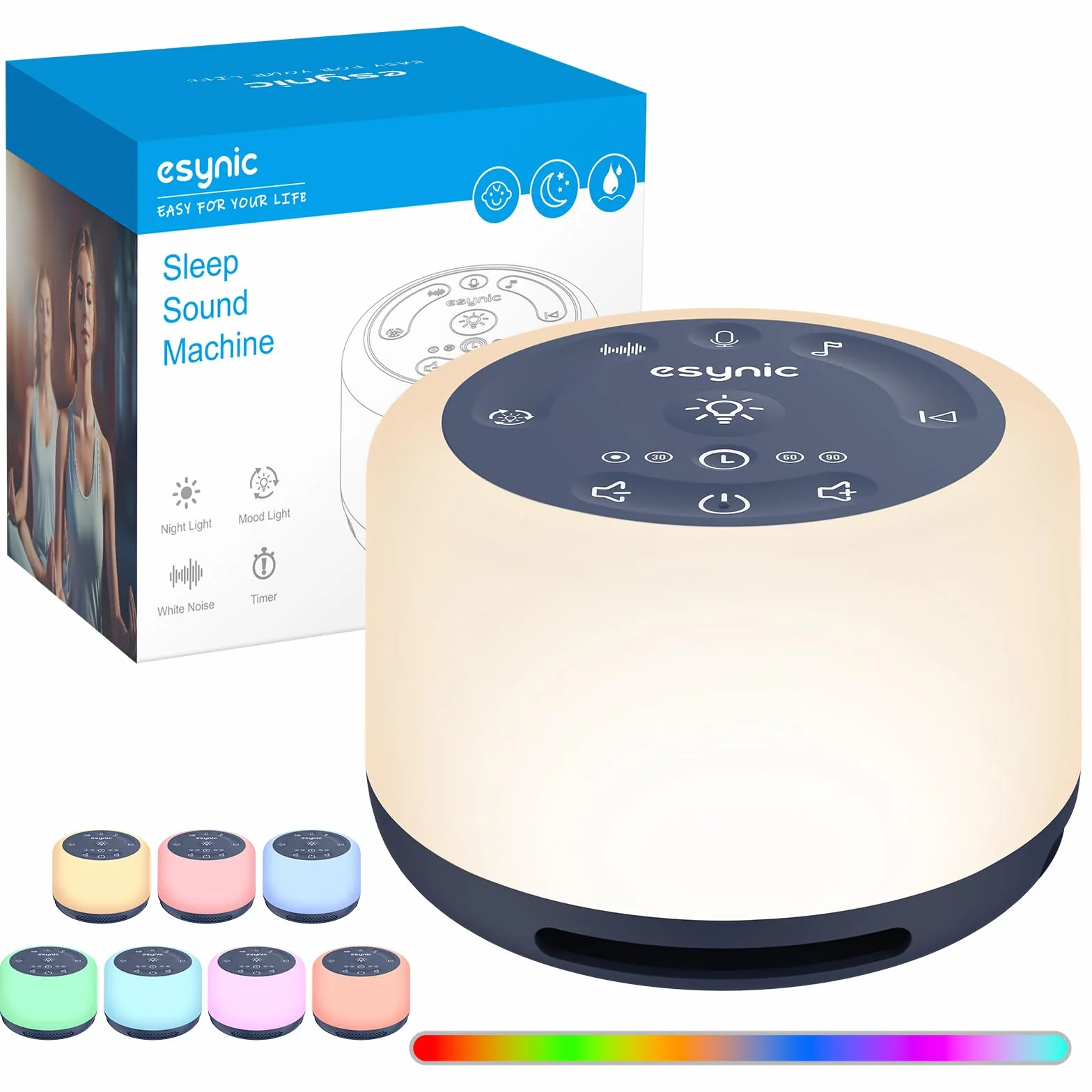 ESYNiC Rumore Bianco Neonato 30 Suoni con Luce Notturna 7 Colori Luminosità Regolabile Macchina Rumori Bianchi Ricaricabile Funzione Timer Memoria Registrazione Vocale per Bambini Adulti - Blu