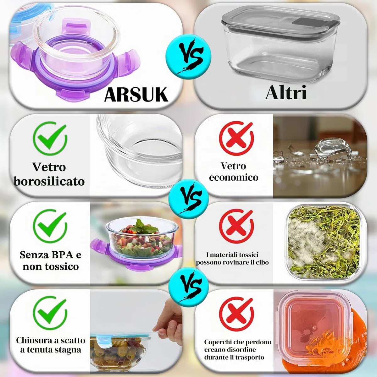 ARSUK Contenitori Alimentari Vetro Ermetici bambini, Vasetti Conservazione Pappe, Contenitori di alimenti impilabili e agganciabili, Privi di BPA (6pcs x 200ml Rotondi)