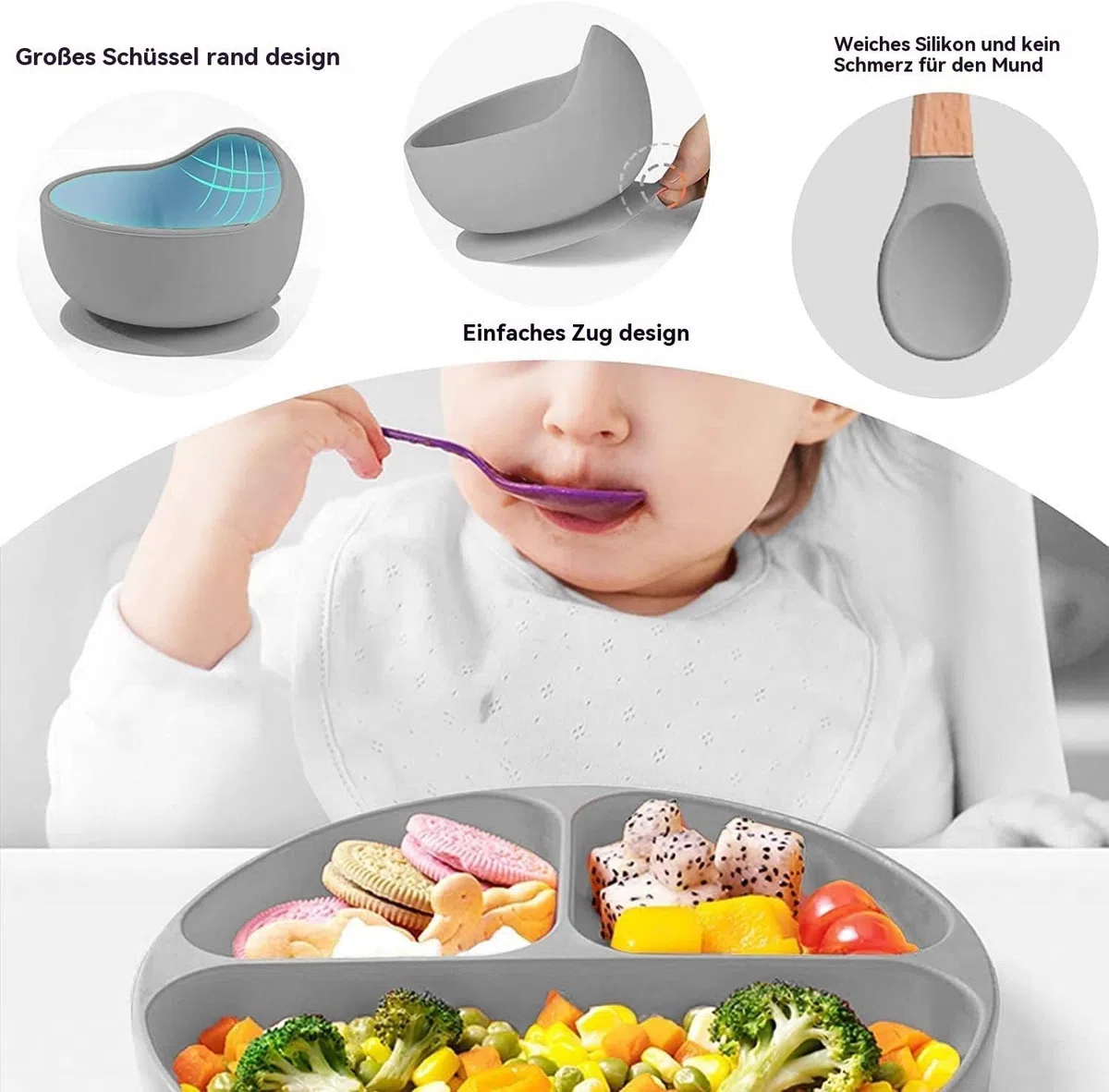 Eliano Set di 6 stoviglie in silicone per bambini – senza BPA – piatto e ciotola antiscivolo, bavaglino, tazza per imparare a bere con cannuccia e posate – set per lo svezzamento guidato dal bambino