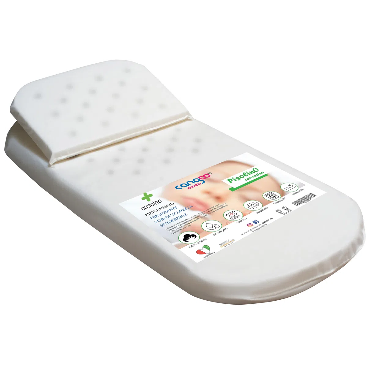 CANGOO CARE Completo Materasso E Cuscino Per Carrozzina, Navicella, Fori Di Sicurezza Traspiranti, Federa In Cotone 100%, Sanitizzato, Anallergico, Antibatterico, Sfoderabile, 72x33x4, Made In Italy