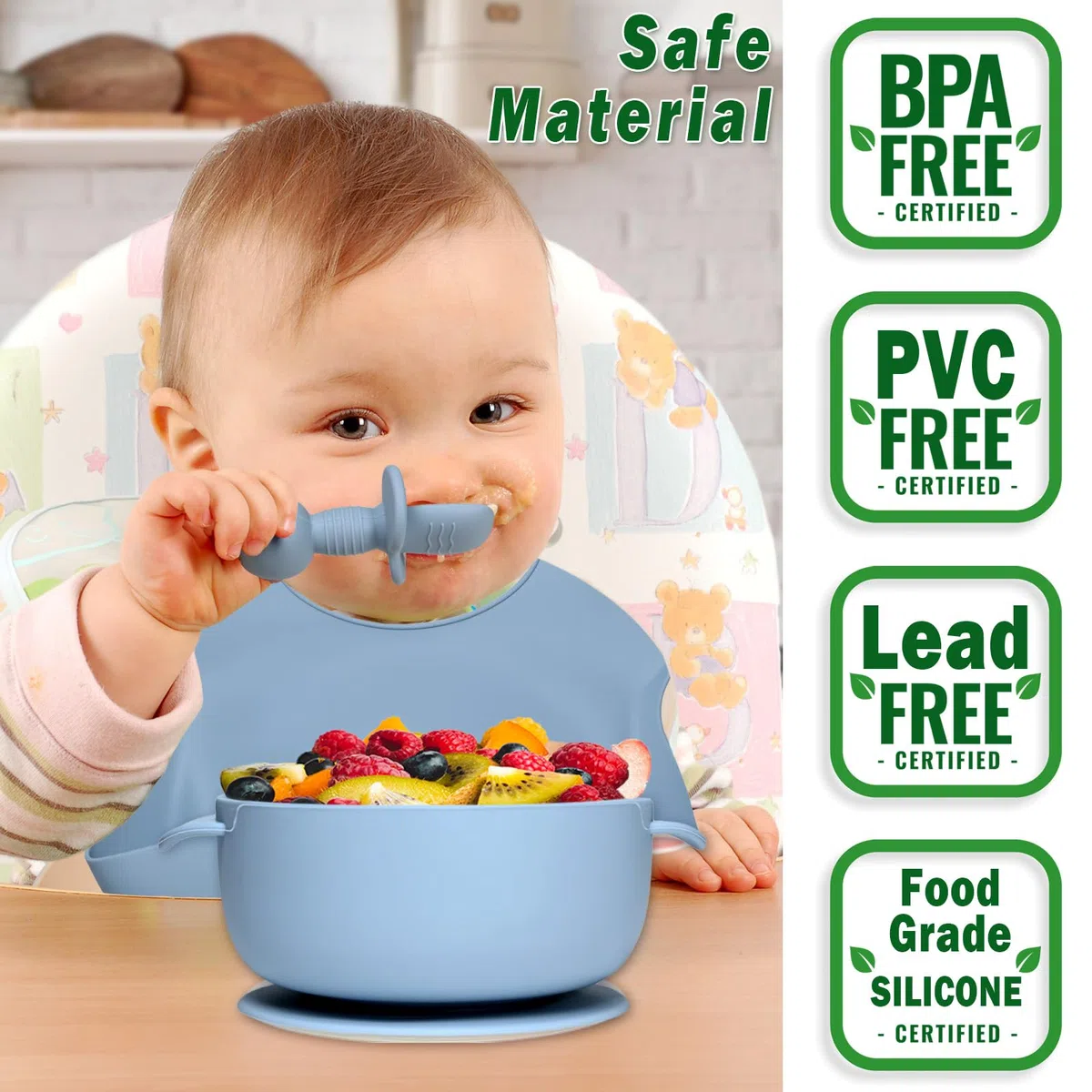 10 Pezzi Set Pappa Svezzamento, Svezzamento Set Silicone Piatto con Ventosa Ciotola Cucchiaio Forchetta Tazza Bavaglino, Training Esercitarsi A Mangiare Da Soli, Set Pappa Svezzamento(Blu)