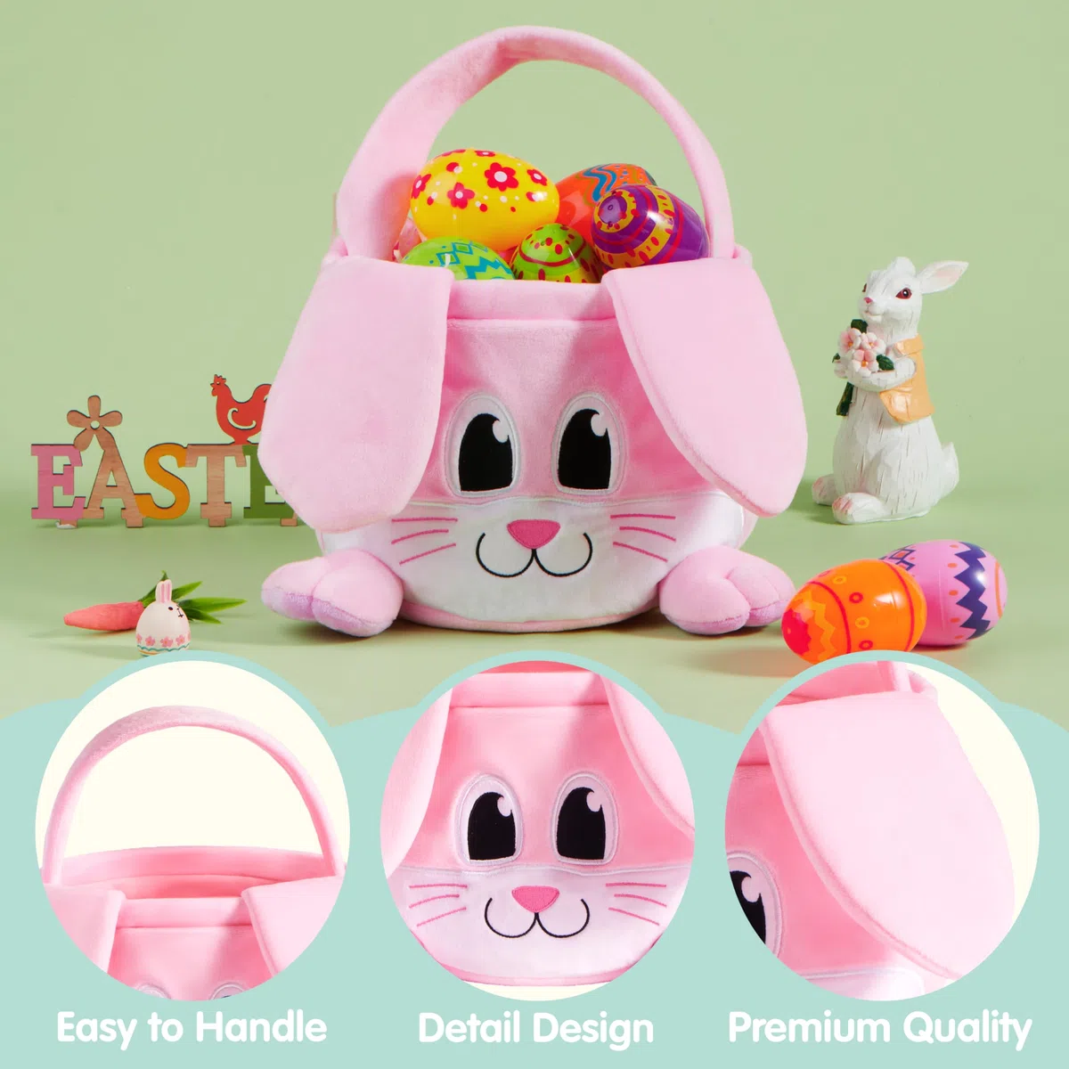 JOYIN Cestino rosa pasquale, 25,4 x 20,3 cm, con orecchie pieghevoli, cestino morbido vuoto con manico, regali di Pasqua per neonati, gioco di caccia alle uova per bambini, sacchetto di caramelle e
