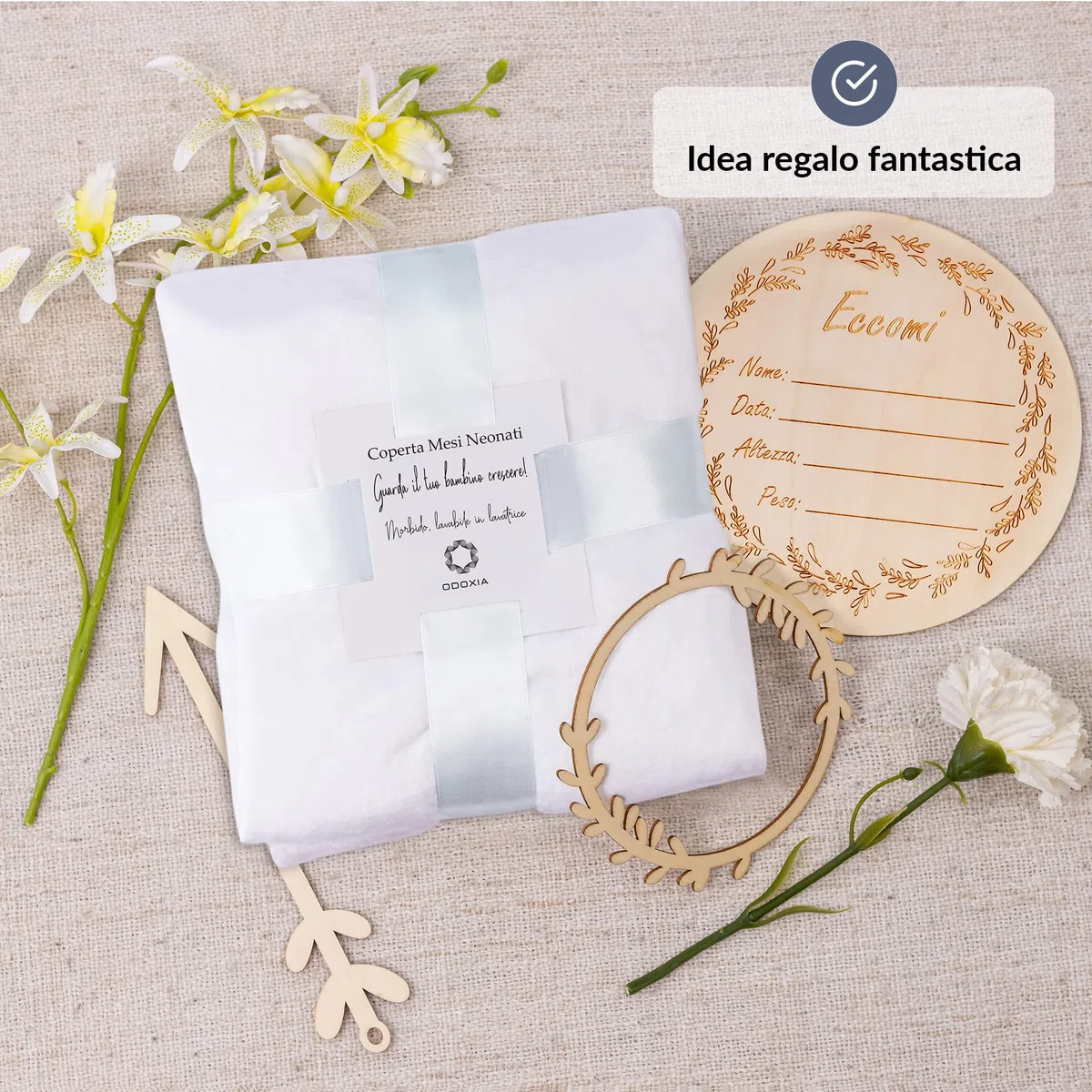 ODOXIA Coperta Mesi Neonato In Italiano | Tappetino Rotondo Mesi Per Maschio O Femmina, Unisex | Genere Neutro | Regalo Baby Shower Per Neomamme | Copertina Mesi Neonato | Cornici In Legno Incluse