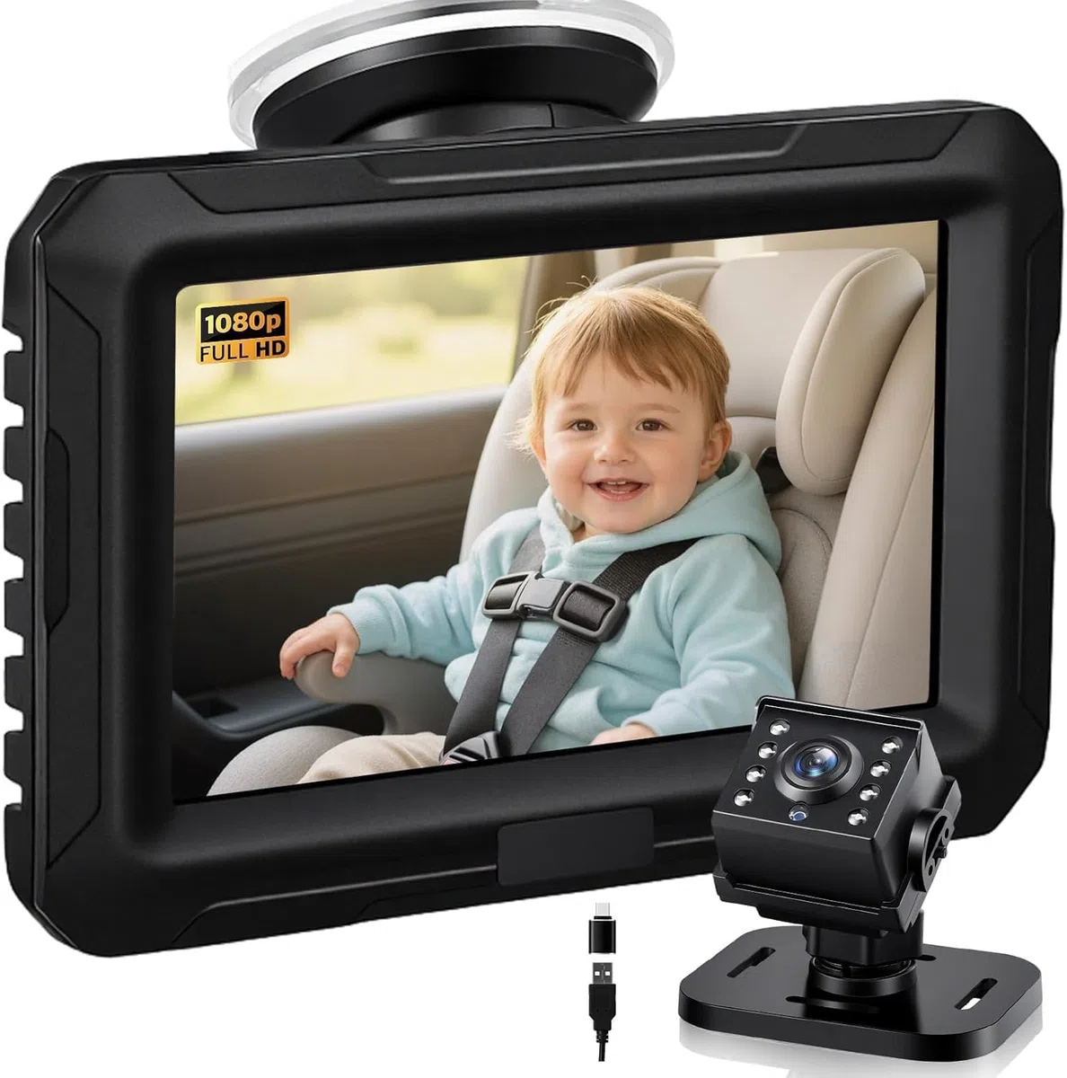 Zacro Baby Camera Auto, Specchio per auto, specchietto retrovisore per bambini, 1080P, USB-C Plug and Play, specchio per auto con visione notturna HD e angolo di visione di 150°, specchietto