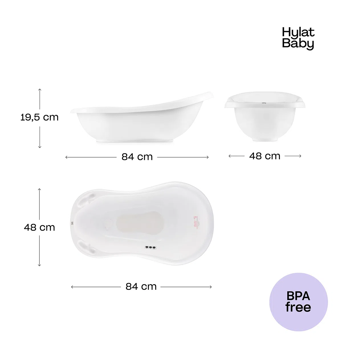 Hylat Baby Friends Bianca Vaschetta Bagnetto Neonato con Tappo di Scarico e Termometro, Vaschetta Antiscivolo per Bambini Fino a 12 Mesi in Plastica Senza BPA, Vaschetta per Neonati, Bambini