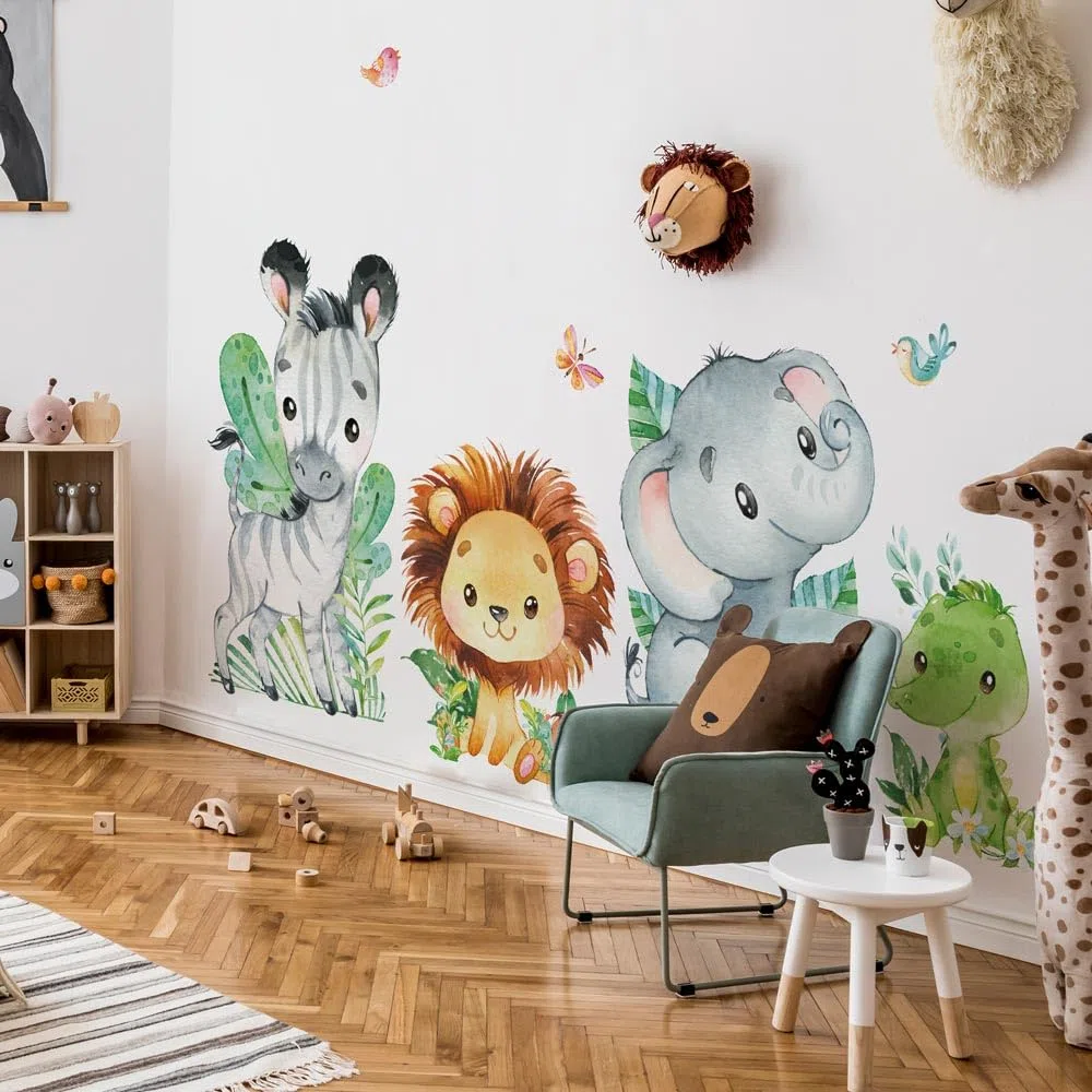 kina - Adesivo Murale Bambini Decorazione Parete Cameretta R00645 - Materiale Eco-Tessuto, Ecologico Anallergico, Riposizionabile, Effetto Carezza, Asilo Nido - Grafica Savana e Misura 120x30 cm
