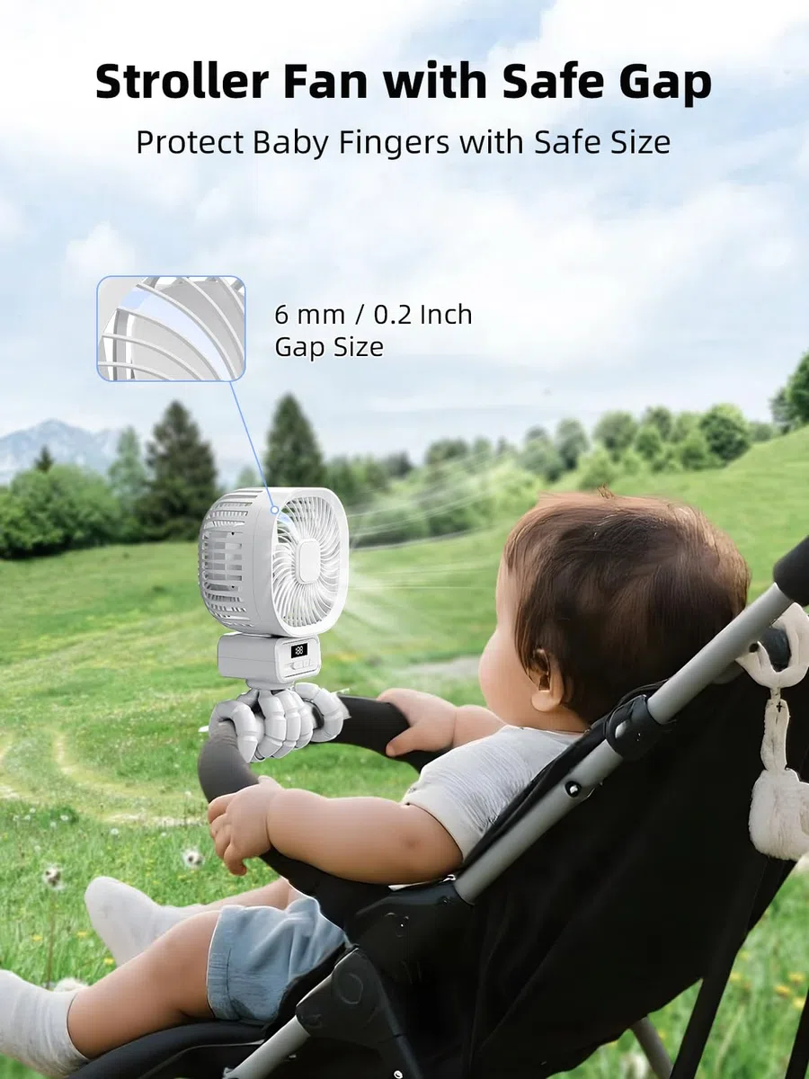 Ventilatore Portatile per Passeggino con 10000mAh, USB Ricaricabile Ventilatore da Tavolo con 3 Velocità, 270° Rotazione Ventilatore Silenzioso con Supporto Staccabile per Passeggino, Culle,Bianco