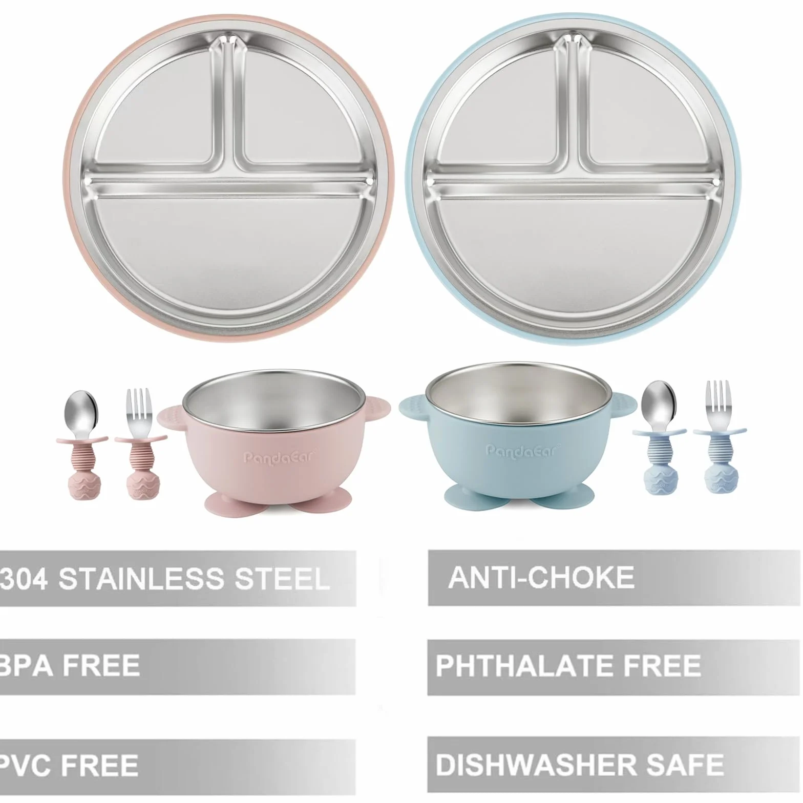 PandaEar Set da 8 Pezzi per l’Alimentazione del Bambino | Piatti e Ciotole con Ventosa in Acciaio Inox con Cucchiaio e Forchetta in Silicone | Set Svezzamento per Bambini e Neonati (Rosa e Blu)