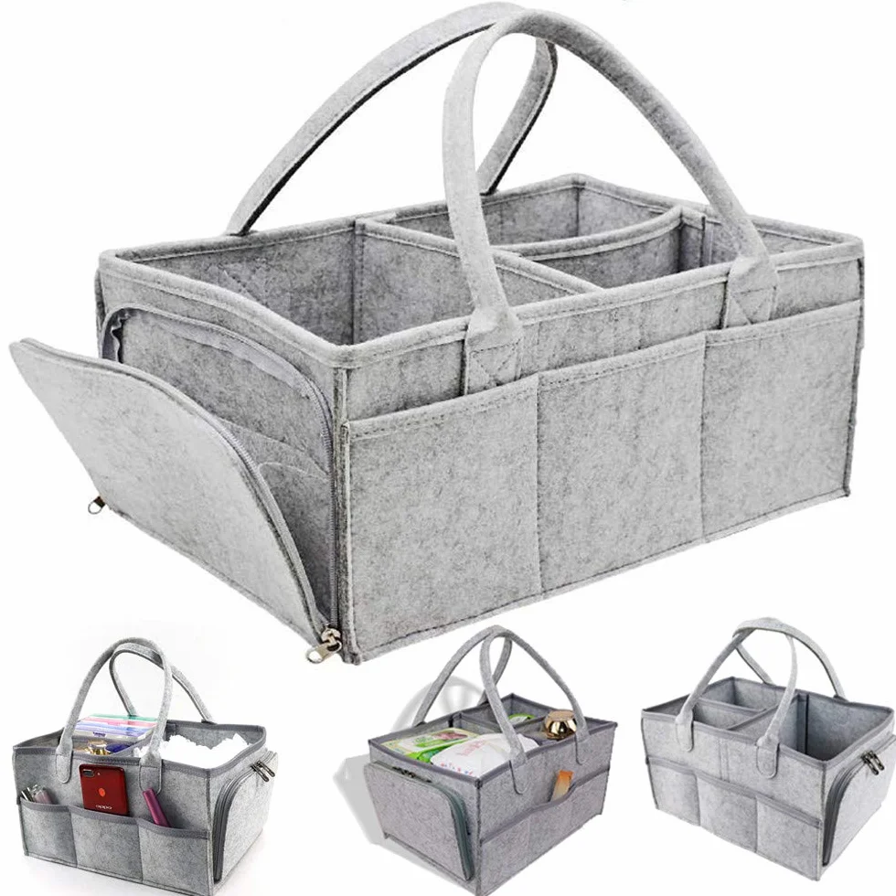 Cestino Portaoggetti per Neonati, Borsa in Feltro Baby Diaper Caddy Porta Pannolino Organizzatore con Scomparti, Portatile Fasciatoio Nursery Cestini, Sacchetto per Salviette, Grigio