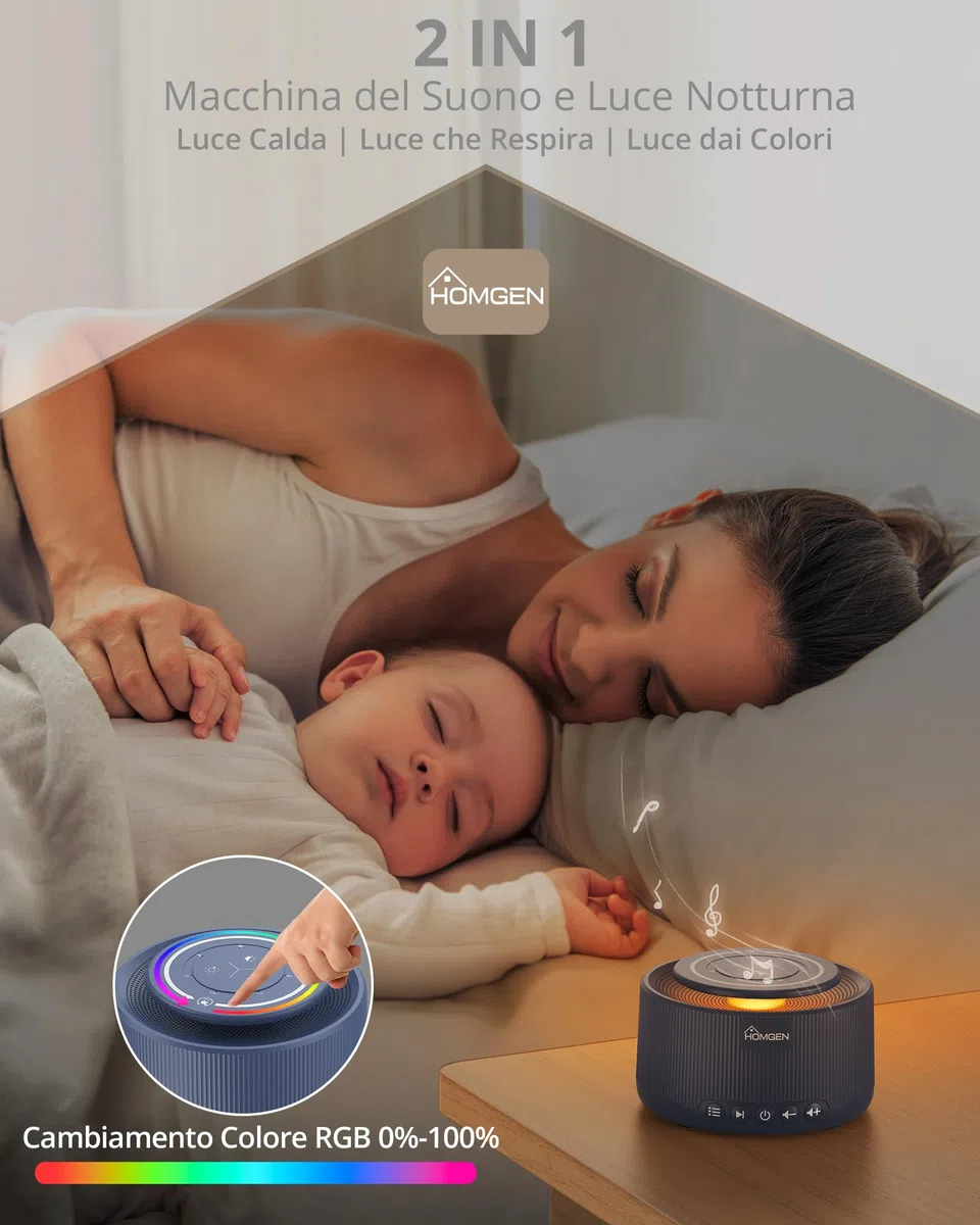 HOMGEN Macchina del Rumore Bianco 30 Suoni Macchina Rumori Bianchi per Neonato 5 Livelli di Luminosità 7 Colori Lampada Portatile per Bambino Meditazione Yoga Ufficio-Blu Scuro