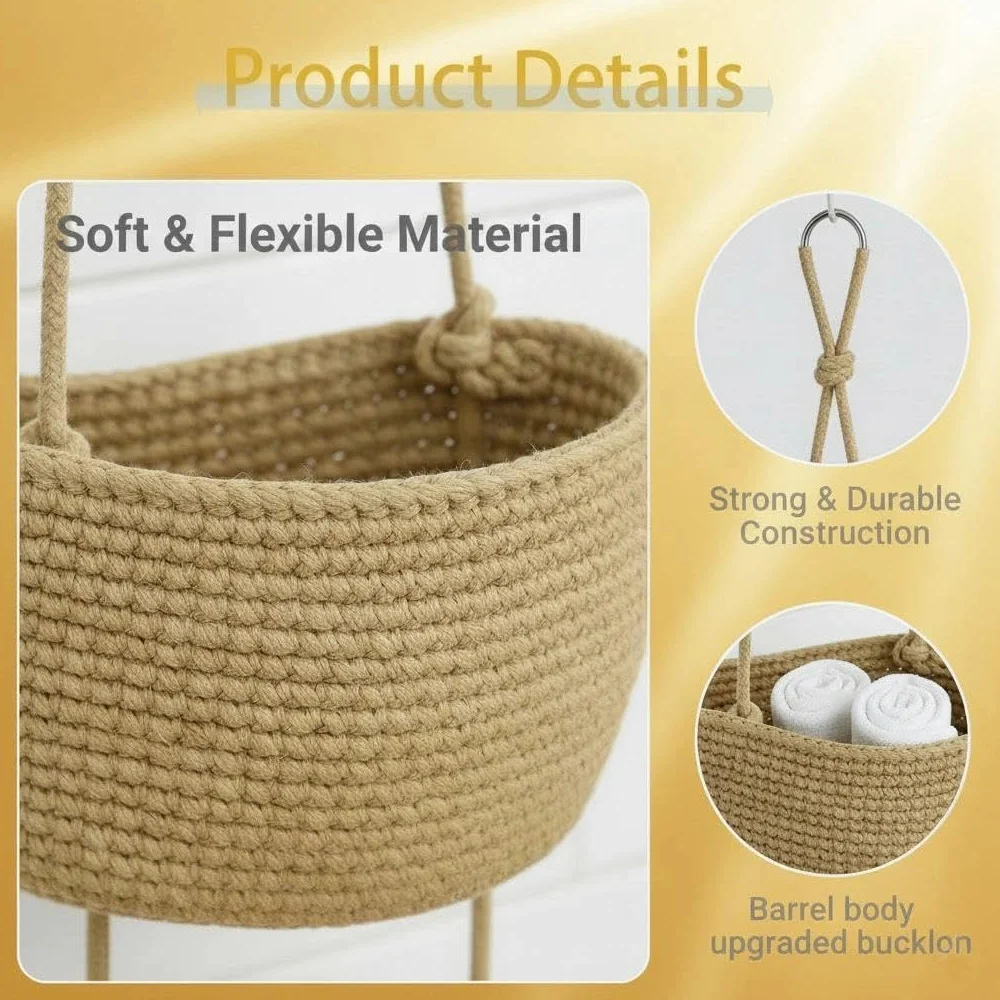 Organizer da appendere per porta e parete, cestino sospeso a 3 piani in corda di cotone intrecciata, sistema di archiviazione decorativo per bagno, cameretta dei bambini e camera da letto (B-khaki)