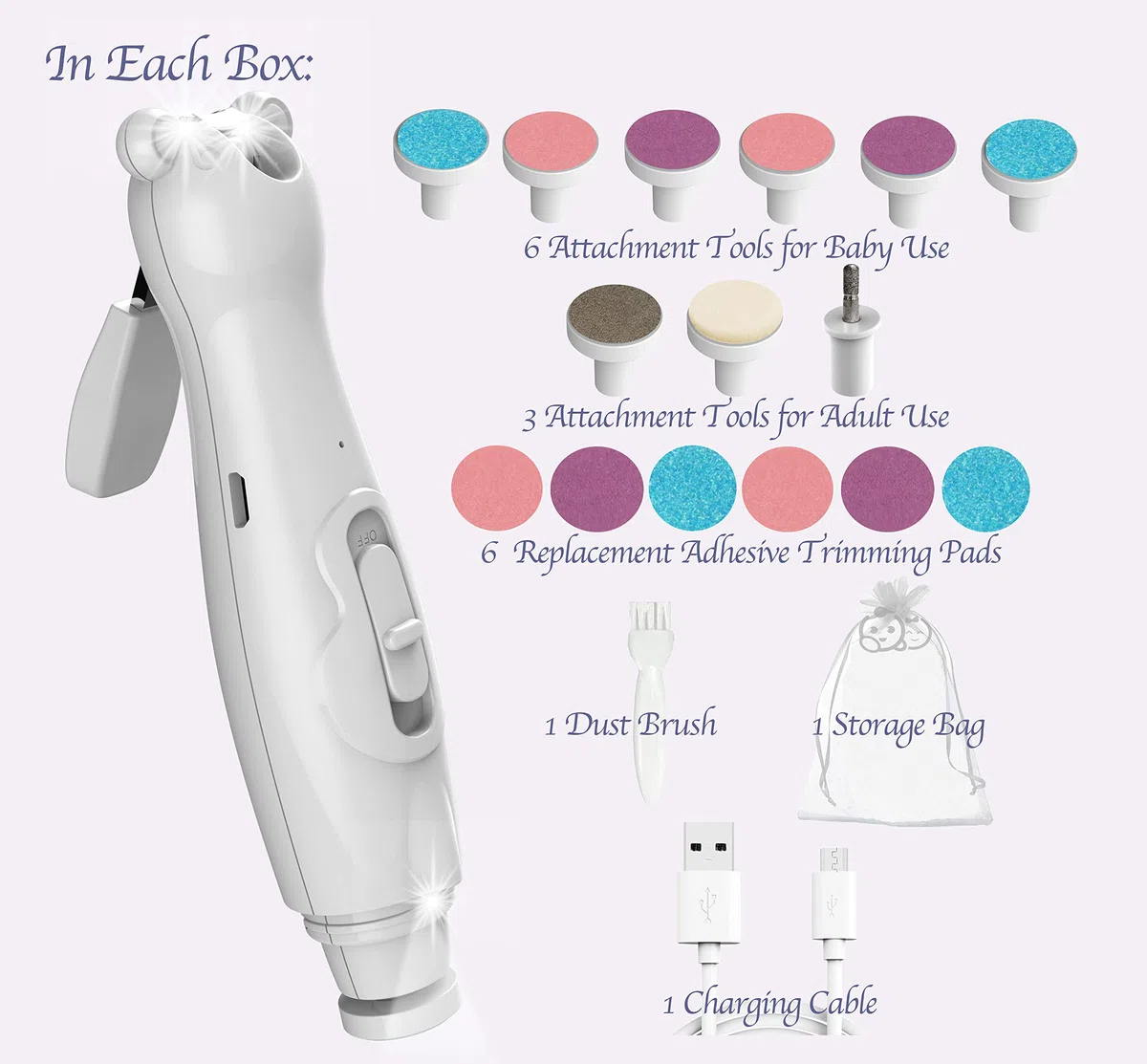 Royal Angels Tagliaunghie Elettrico Ricaricabile Multifunzione 20 in 1, Lima Unghie a Doppio Lato per Neonati e Bambini, 15 Testine e Luce LED (neve)