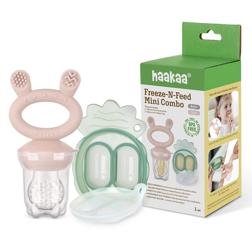 haakaa Mini Kit Freeze and Feed per Frutta e Alimenti+Vassoio Mini Freezer, Stampi per Ghiaccioli al Latte Materno per Dare Sollievo al Bambino, Alimentatore in Silicone /4+ Mesi (BLUSH)