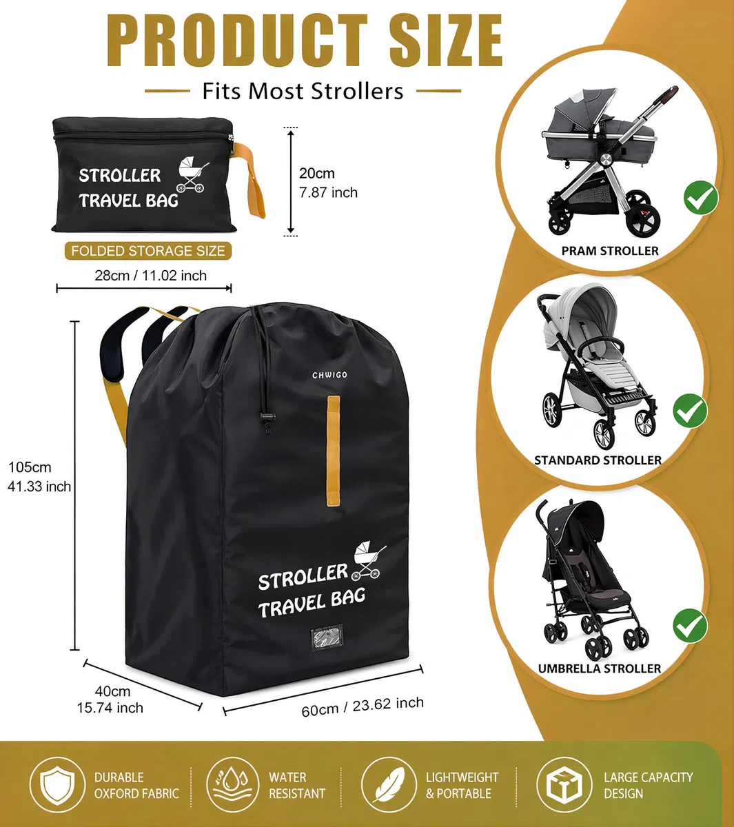 Borsa da viaggio extra large per passeggino, nera, ideale per passeggino e carrozzina, impermeabile, arancione