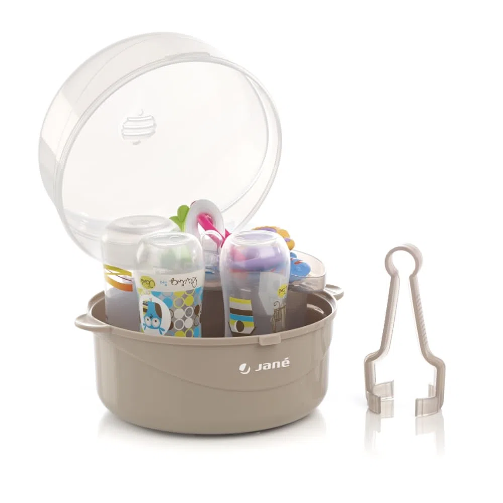 Jané Sterilizzatore per Microonde 6 Biberon, con Cestello per Tettarelle e Pinza, BPA Free, Grigio