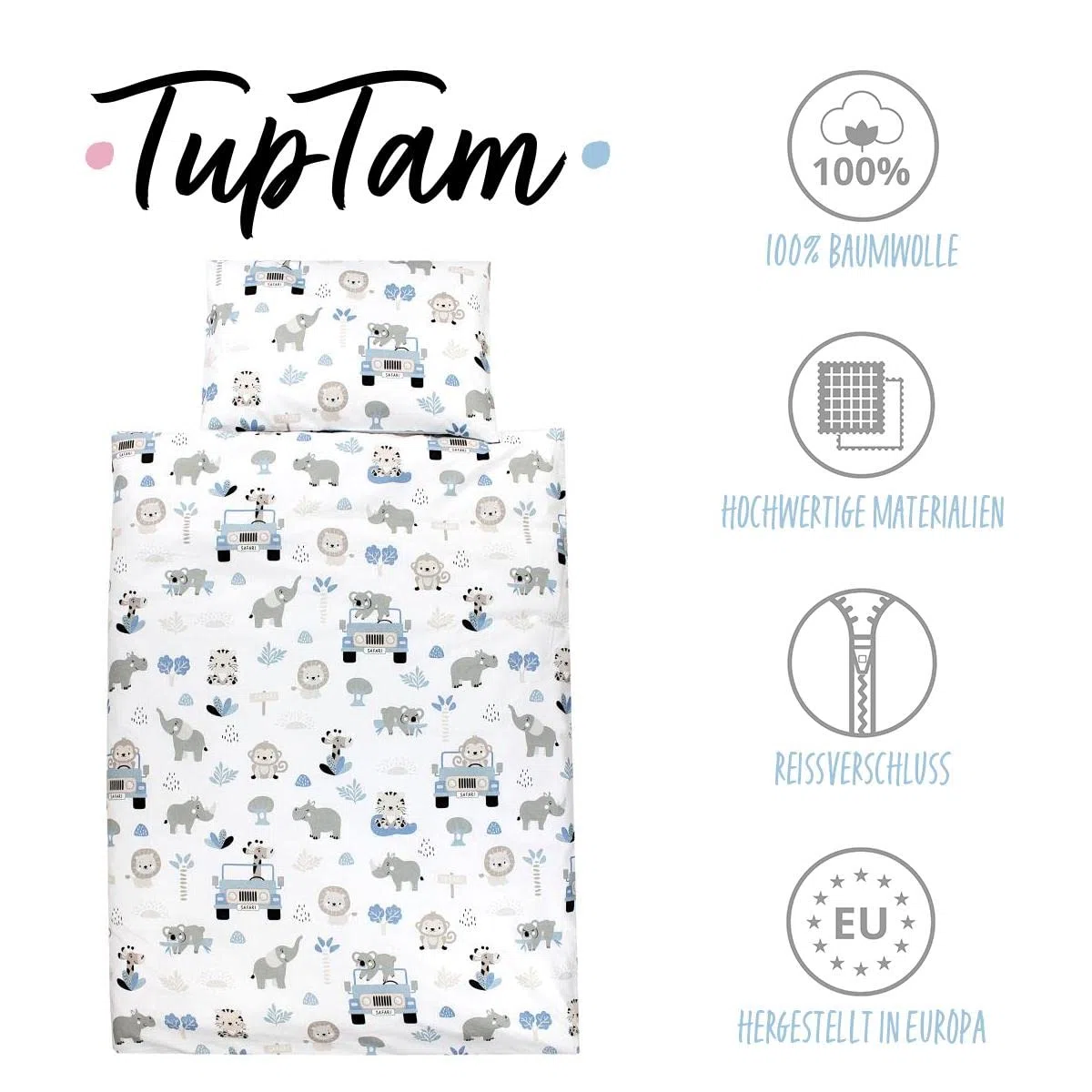 TupTam Biancheria da letto per bambini Ragazzi Ragazze Set 2 pezzi 100 x 135 cm + 40 x 60 cm, Zoo Blu, 120x90 cm
