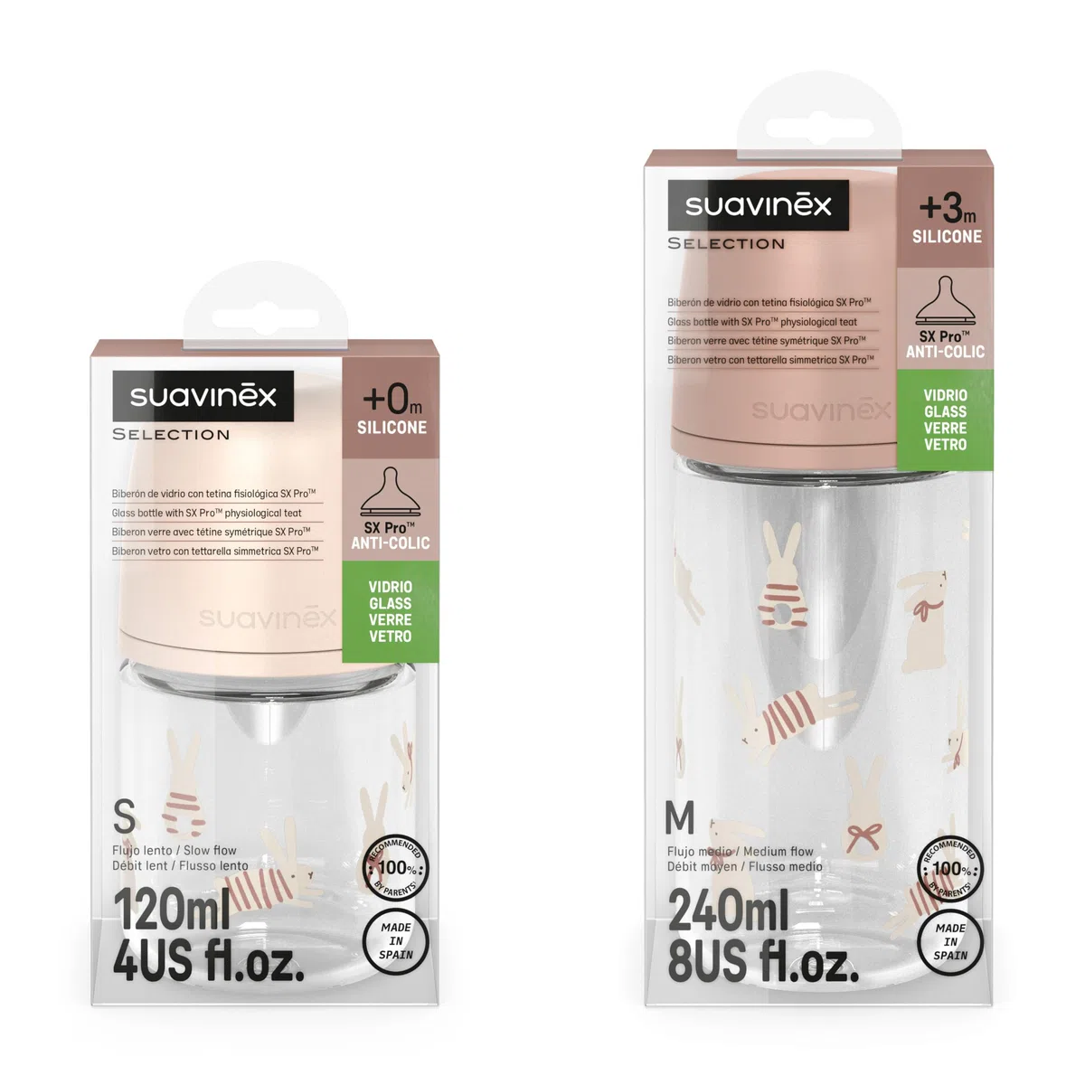 Suavinex, Confezione da 2 biberon in vetro, tettarella in silicone SX Pro con valvola anticoliche, biberon da 120 ml a flusso lento (S) + biberon da 240 ml a flusso medio (M), +0 mesi, Wonder Rosa