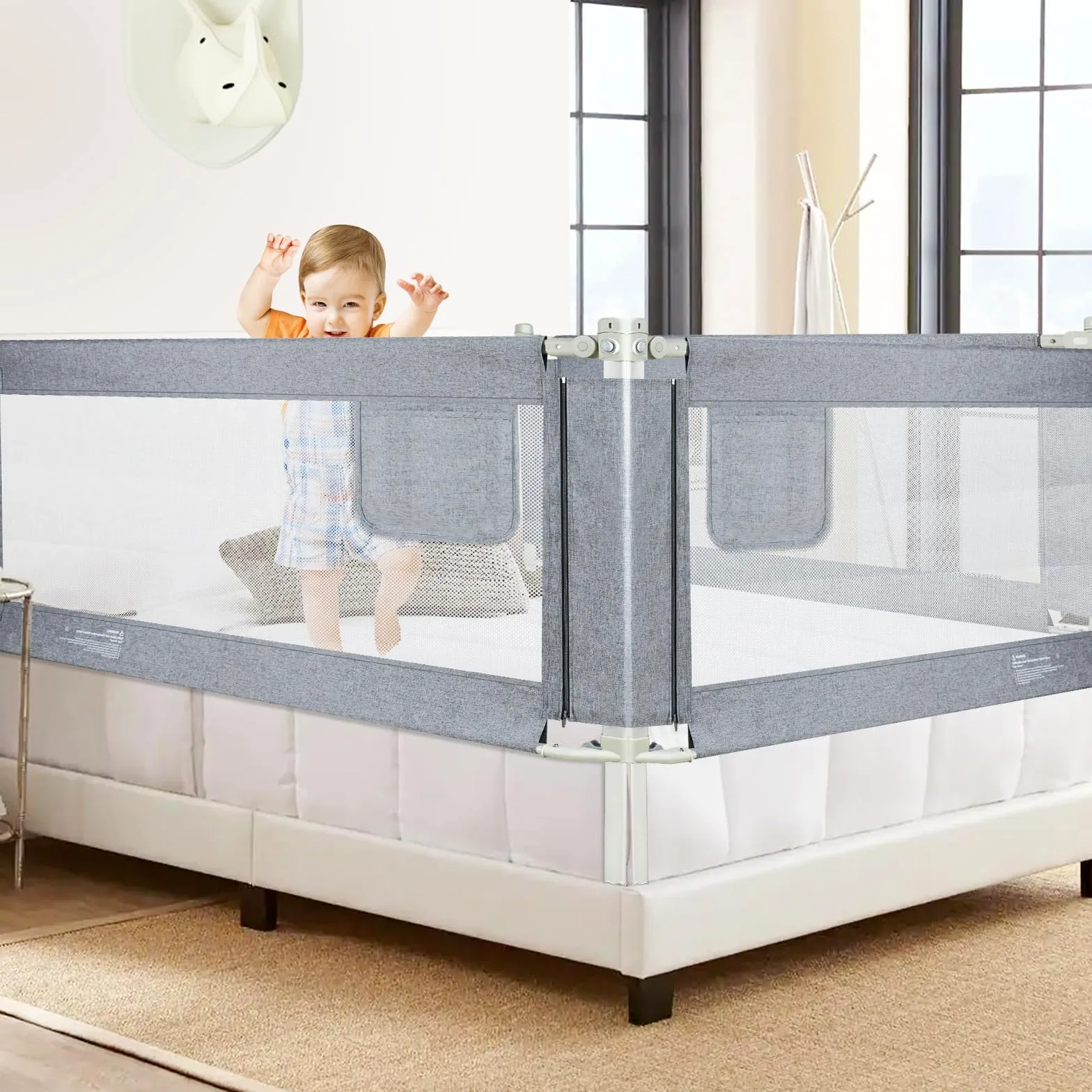 Sponde Letto Bambini，150 cm Barriera Letto Bambini，Sponda di Sicurezza per Bambini con Doppio Blocco di Sicurezza per Bambini, Altezza Regolabile，protezione da caduta，1PCS(Grigio)